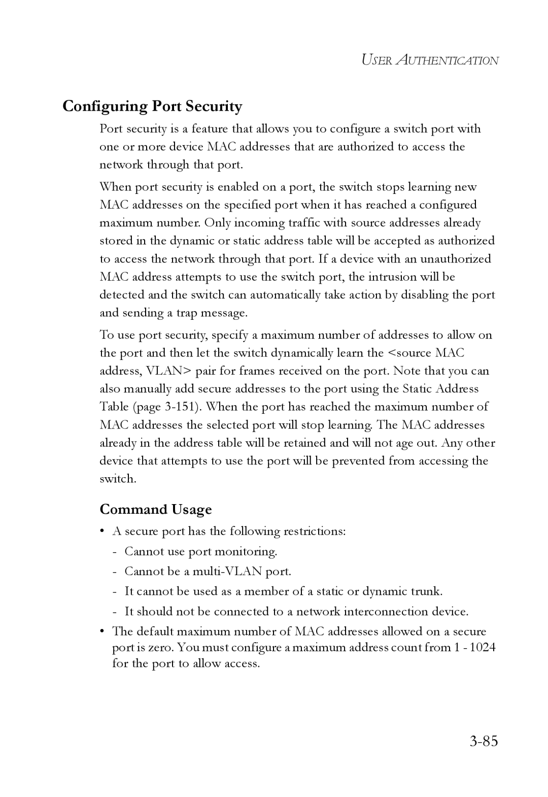 SMC Networks SMC6824M manual Configuring Port Security, Command Usage 