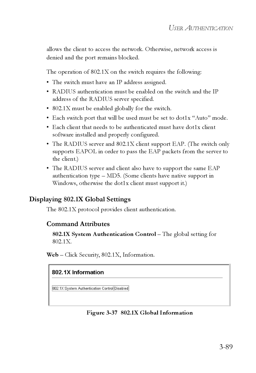 SMC Networks SMC6824M manual Displaying 802.1X Global Settings, 802.1X protocol provides client authentication 