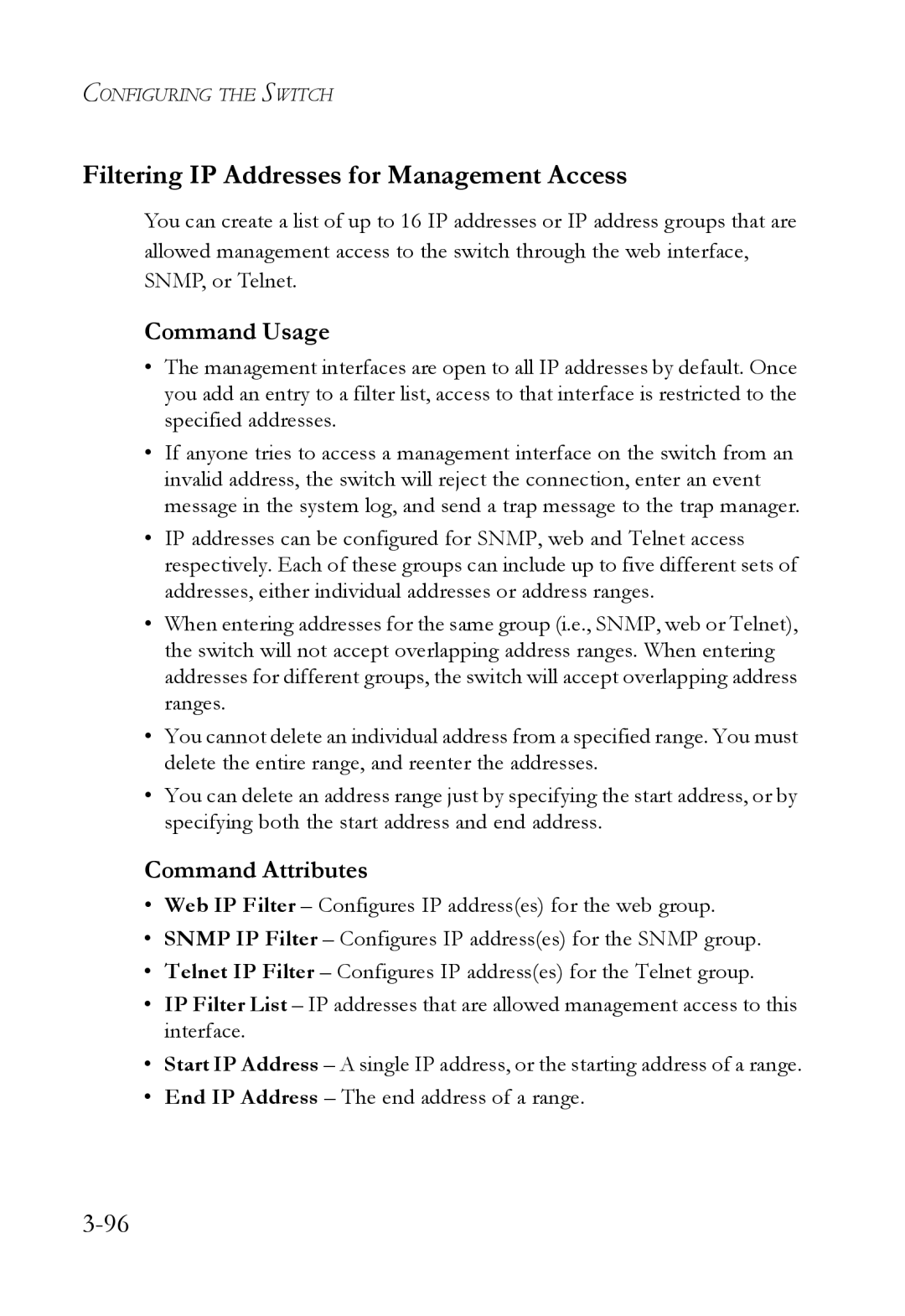 SMC Networks SMC6824M manual Filtering IP Addresses for Management Access, Command Usage 