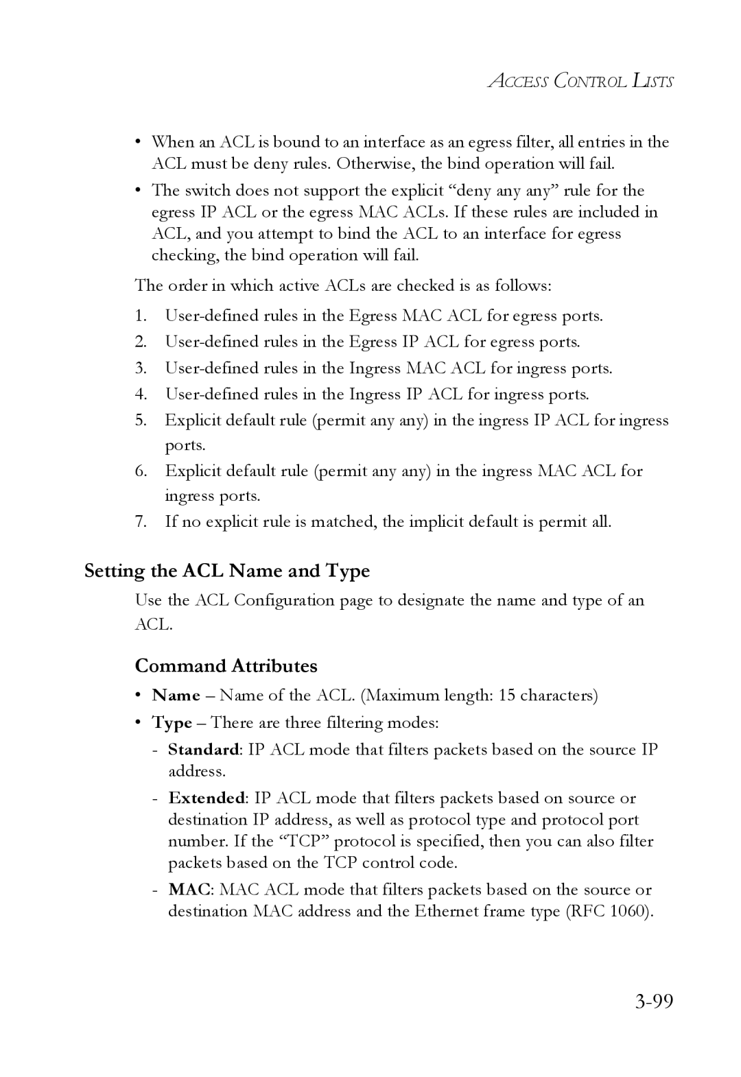 SMC Networks SMC6824M manual Setting the ACL Name and Type, Command Attributes 