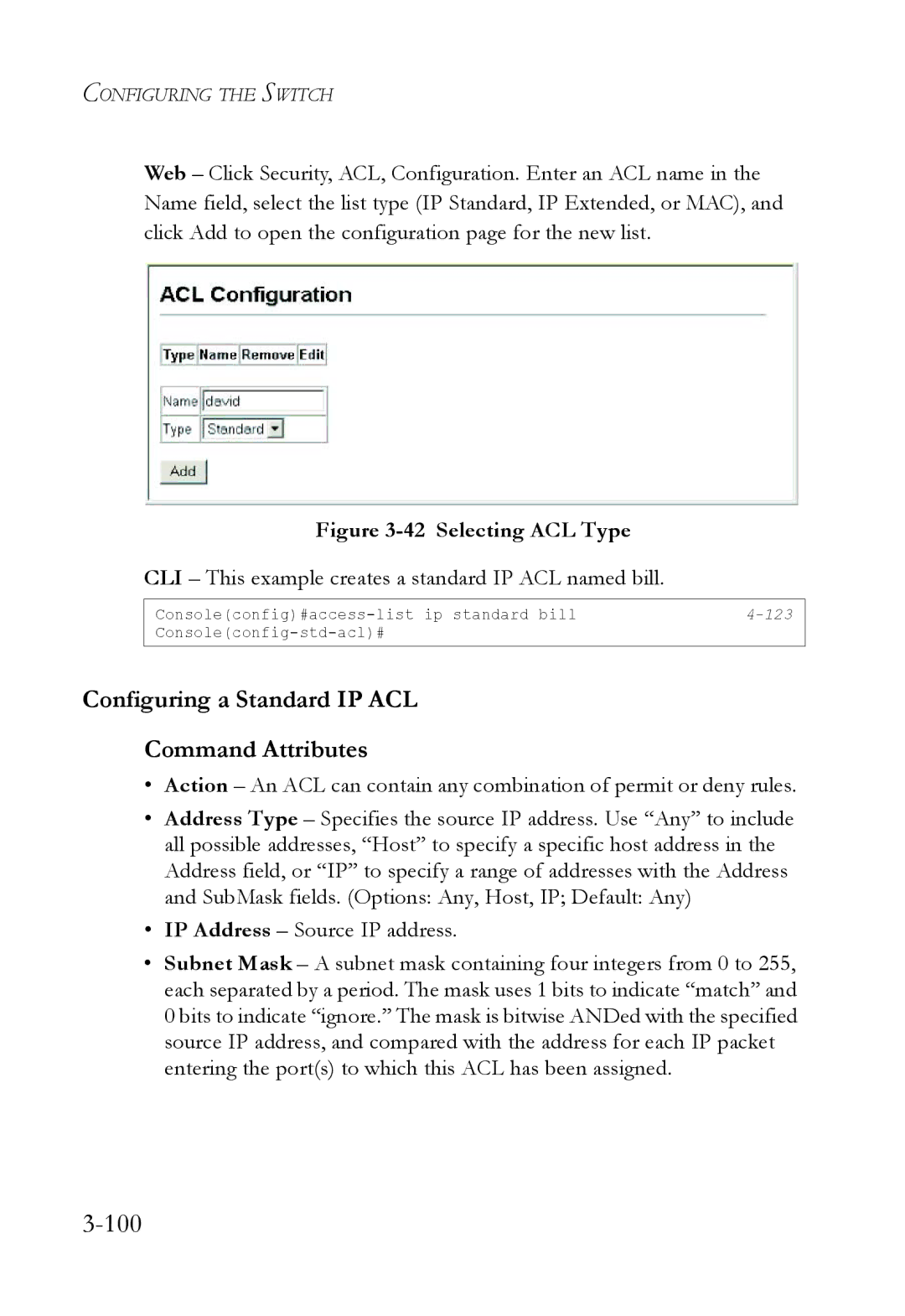 SMC Networks SMC6824M manual 100, Configuring a Standard IP ACL Command Attributes 