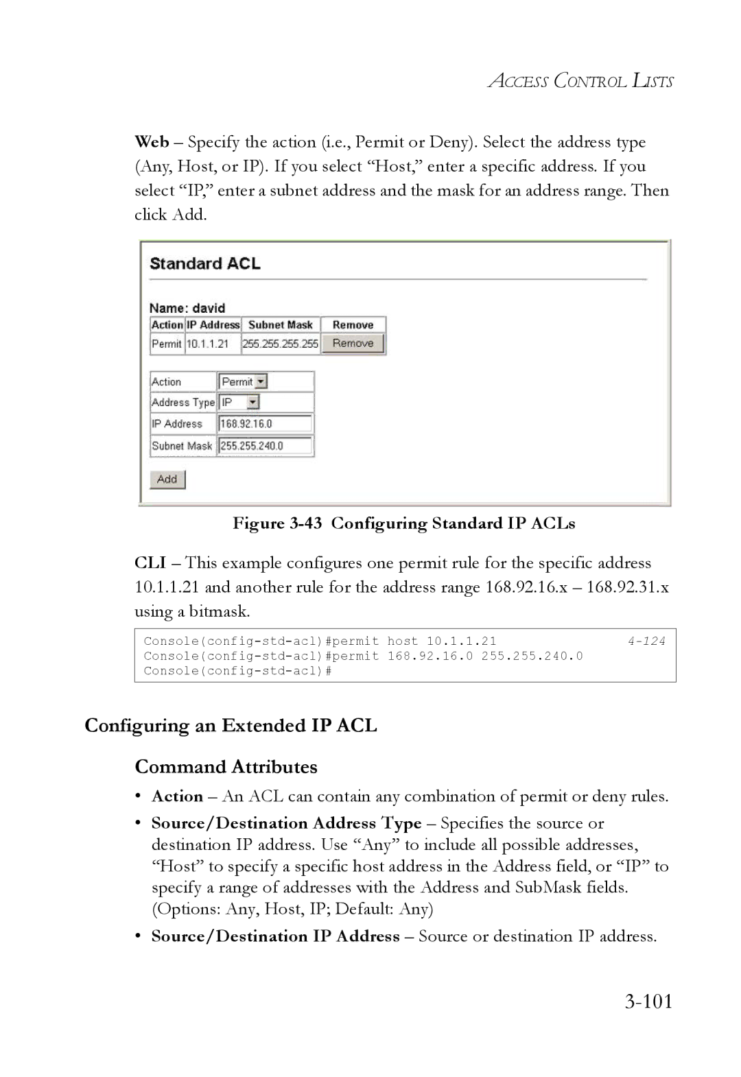 SMC Networks SMC6824M manual 101, Configuring an Extended IP ACL Command Attributes 