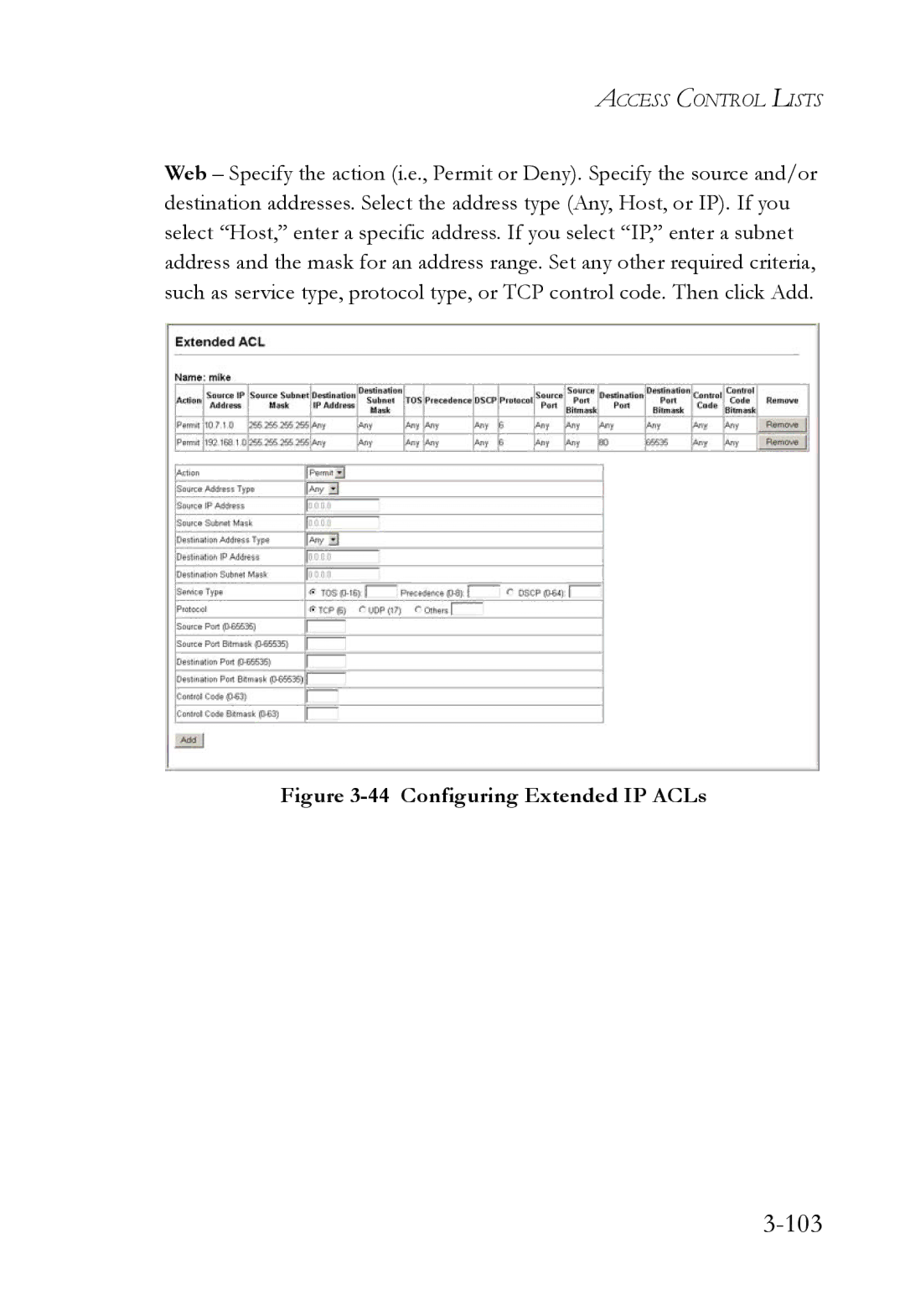 SMC Networks SMC6824M manual 103, Configuring Extended IP ACLs 