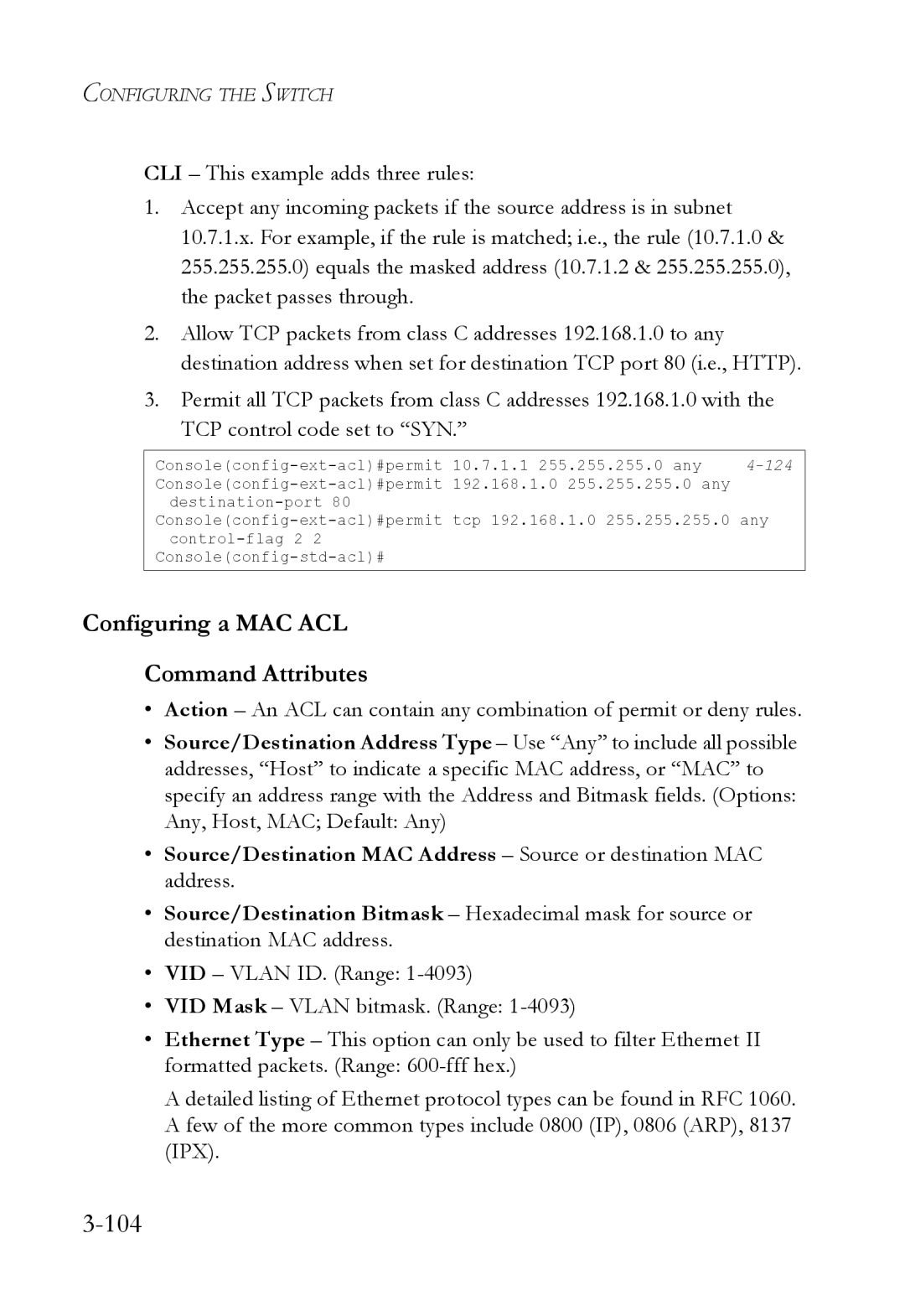 SMC Networks SMC6824M manual 104, Configuring a MAC ACL Command Attributes 
