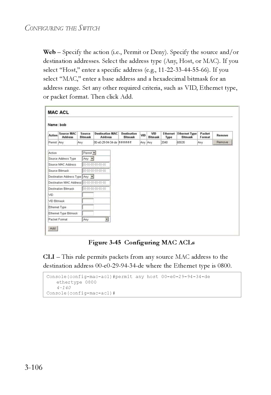 SMC Networks SMC6824M manual 106, Configuring MAC ACLs 