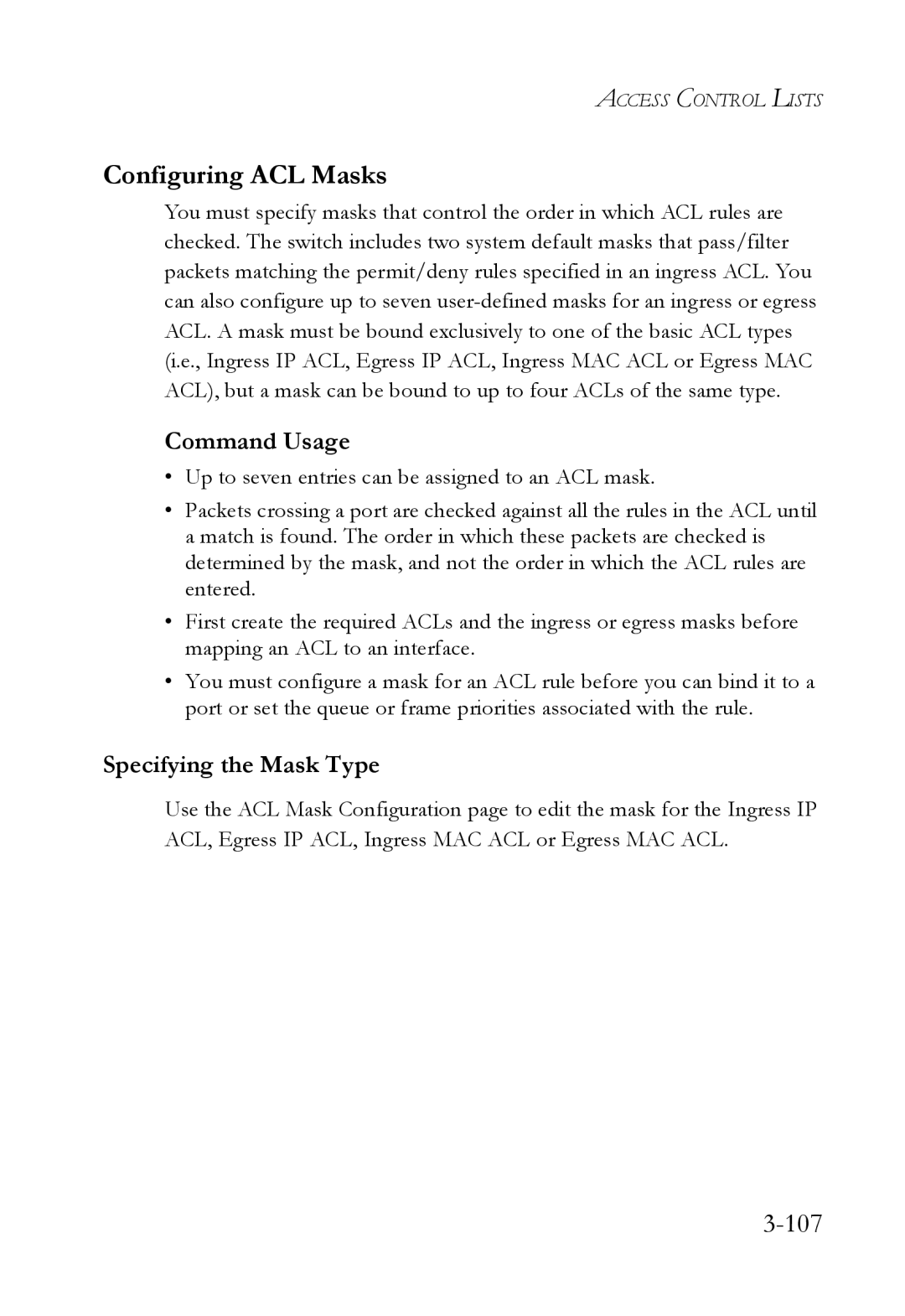 SMC Networks SMC6824M manual Configuring ACL Masks, 107, Specifying the Mask Type 