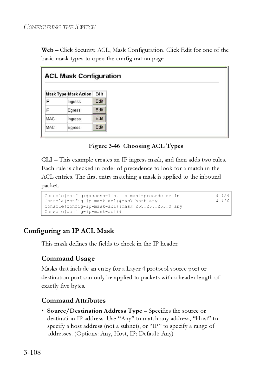 SMC Networks SMC6824M manual 108, Configuring an IP ACL Mask, This mask defines the fields to check in the IP header 