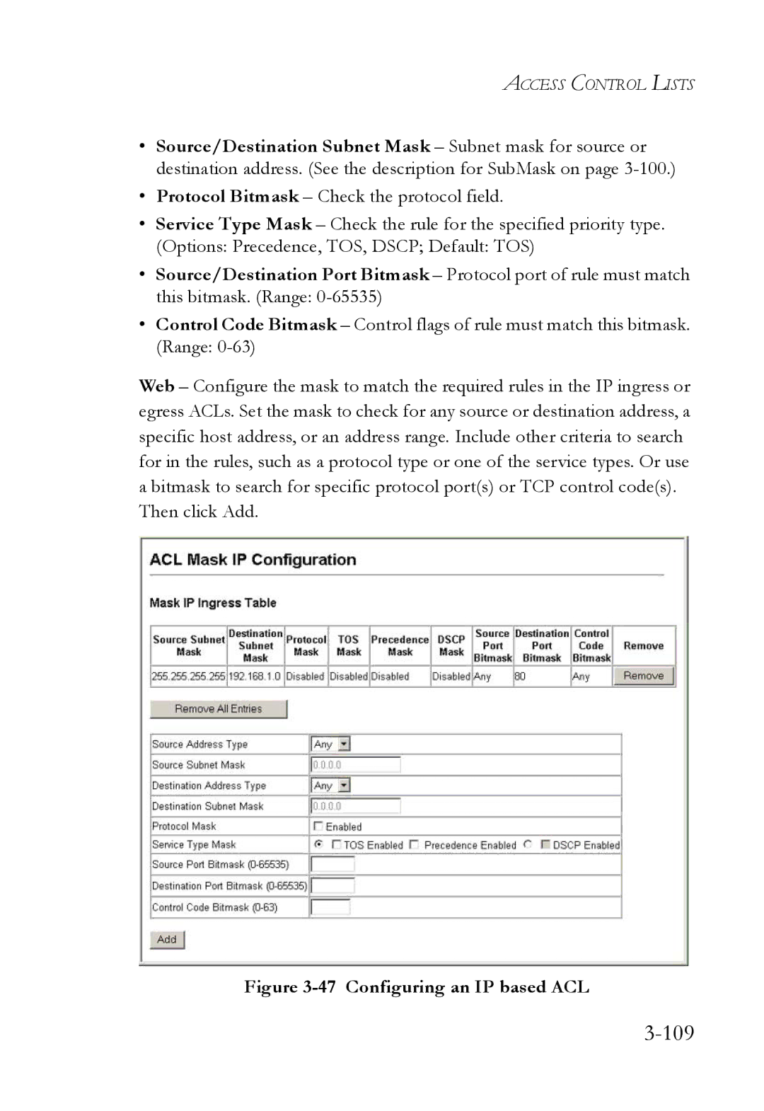 SMC Networks SMC6824M manual 109, Configuring an IP based ACL 