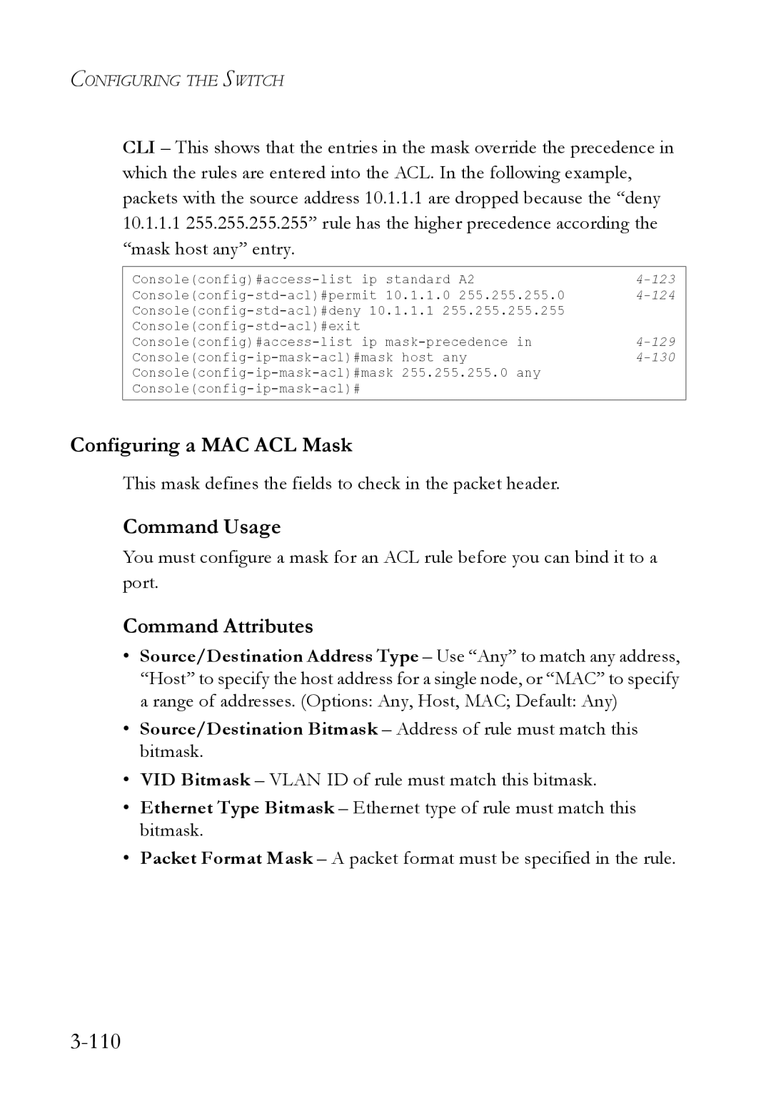 SMC Networks SMC6824M manual 110, Configuring a MAC ACL Mask, This mask defines the fields to check in the packet header 