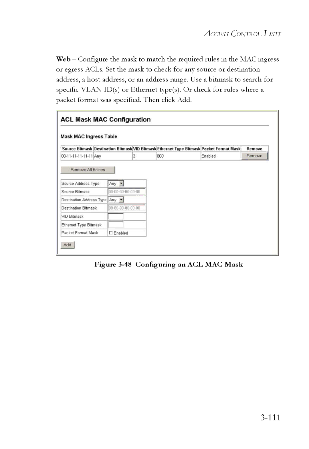 SMC Networks SMC6824M manual 111, Configuring an ACL MAC Mask 