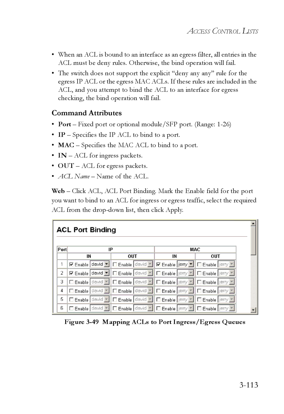 SMC Networks SMC6824M manual 113, Mapping ACLs to Port Ingress/Egress Queues 