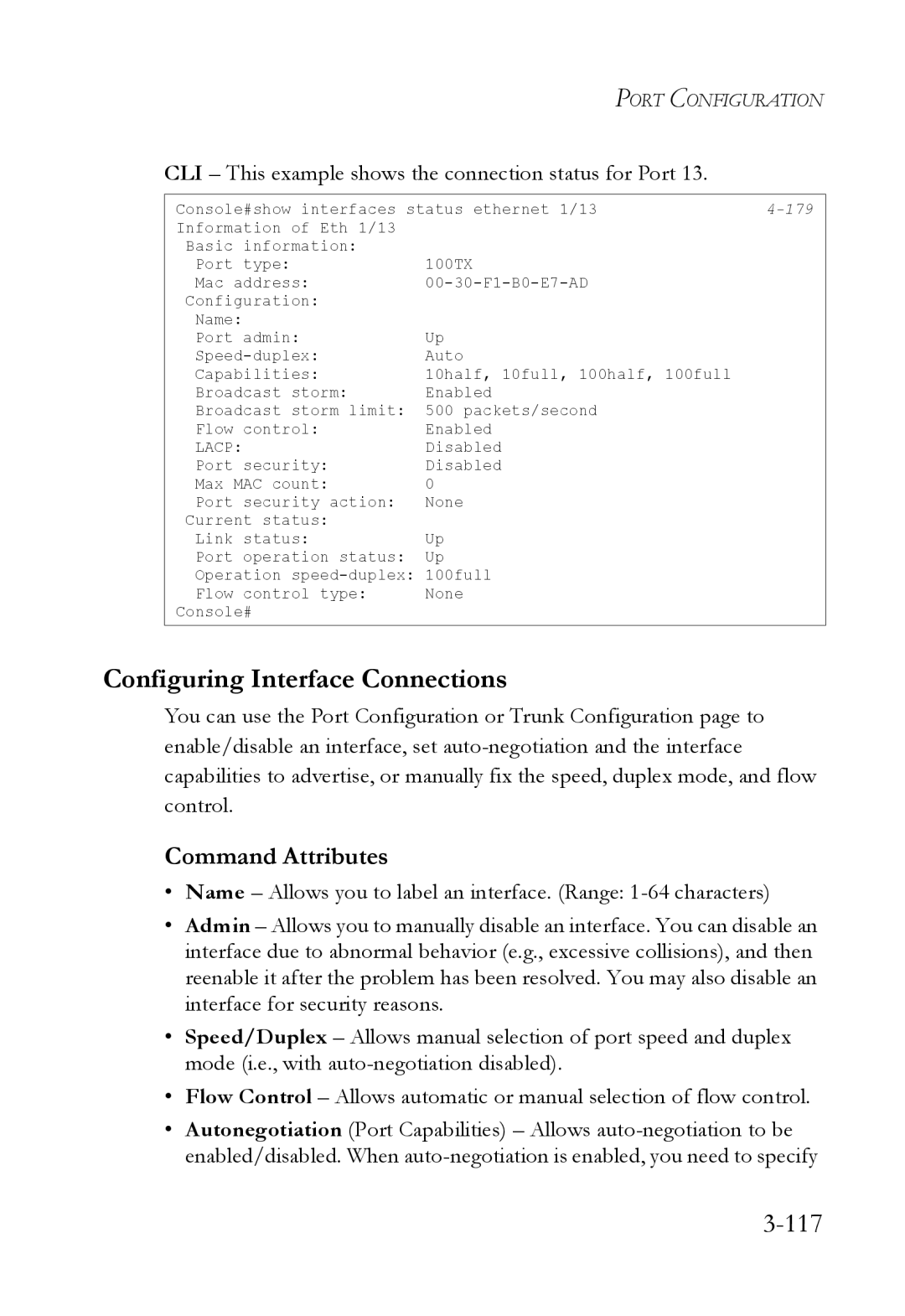 SMC Networks SMC6824M manual Configuring Interface Connections, 117, CLI This example shows the connection status for Port 