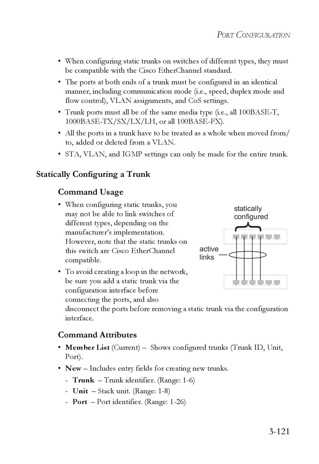 SMC Networks SMC6824M manual 121, Statically Configuring a Trunk Command Usage 