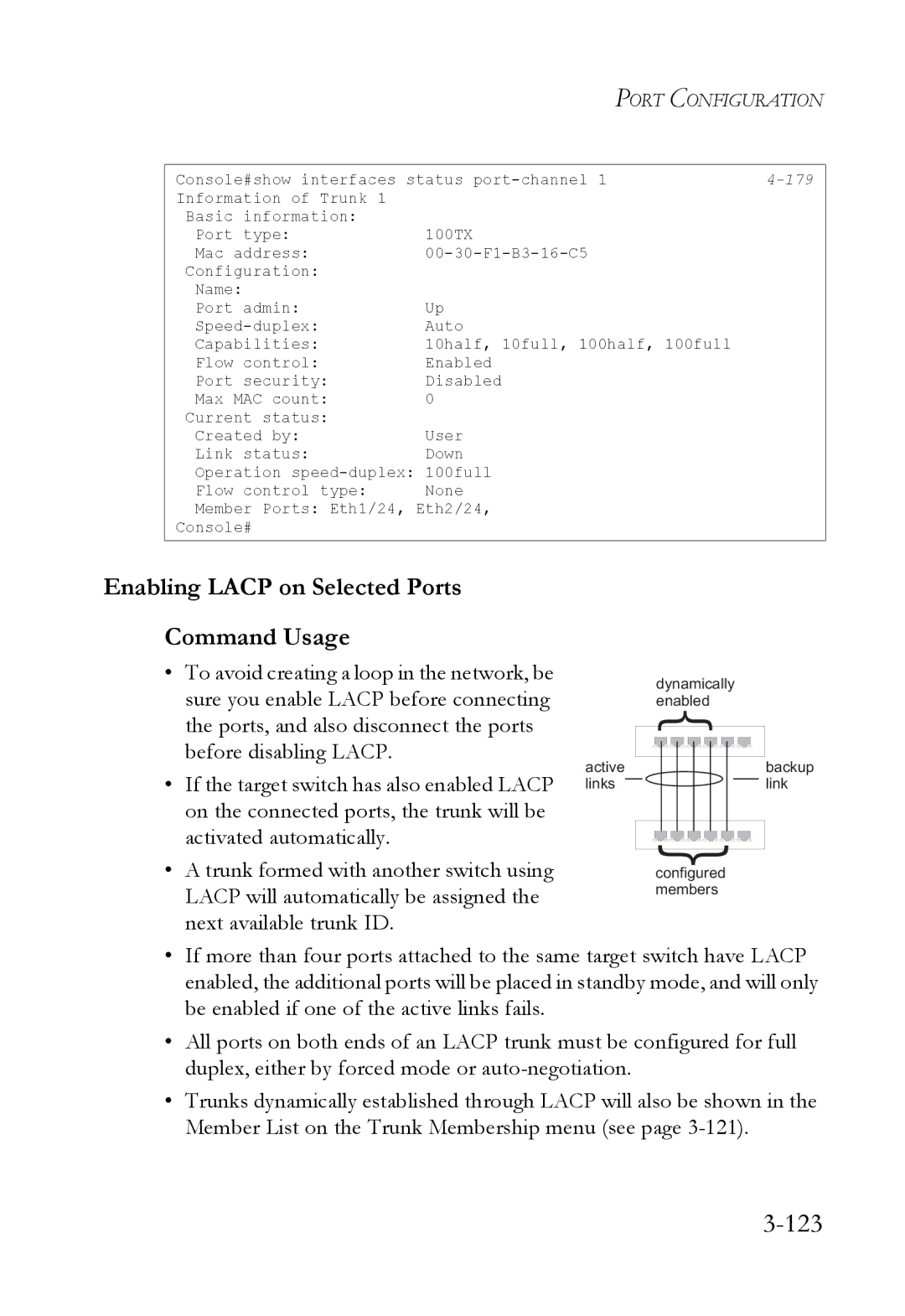 SMC Networks SMC6824M manual 123, Enabling Lacp on Selected Ports Command Usage 
