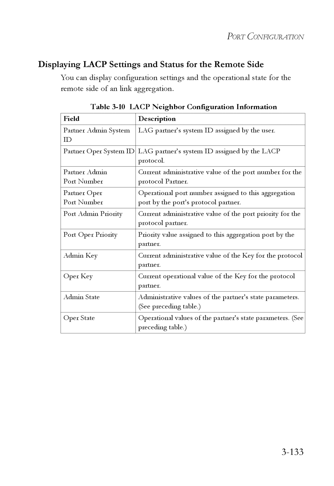 SMC Networks SMC6824M manual 133, Displaying Lacp Settings and Status for the Remote Side 