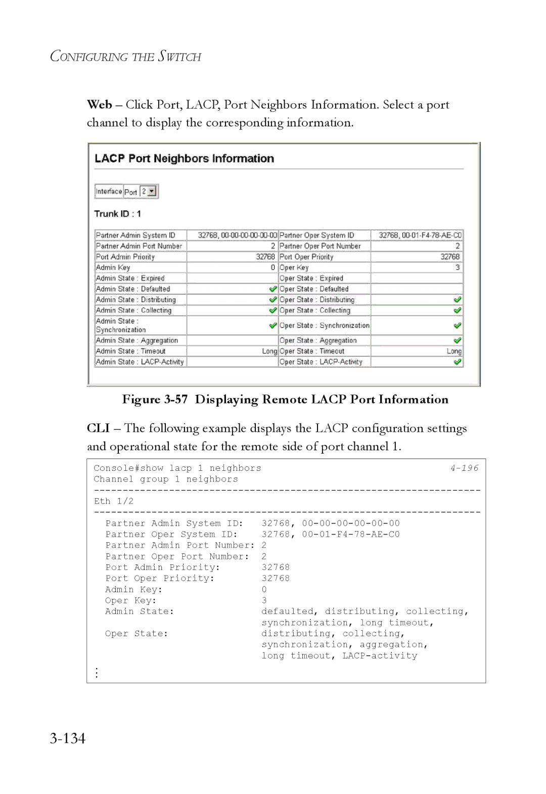 SMC Networks SMC6824M manual 134, Displaying Remote Lacp Port Information 