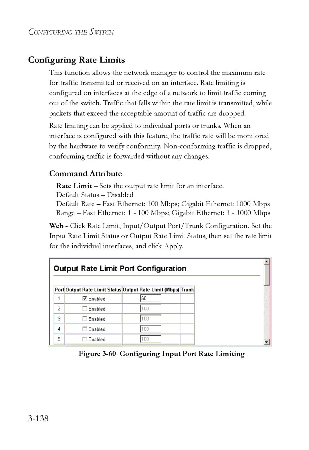 SMC Networks SMC6824M manual Configuring Rate Limits, 138, Command Attribute 