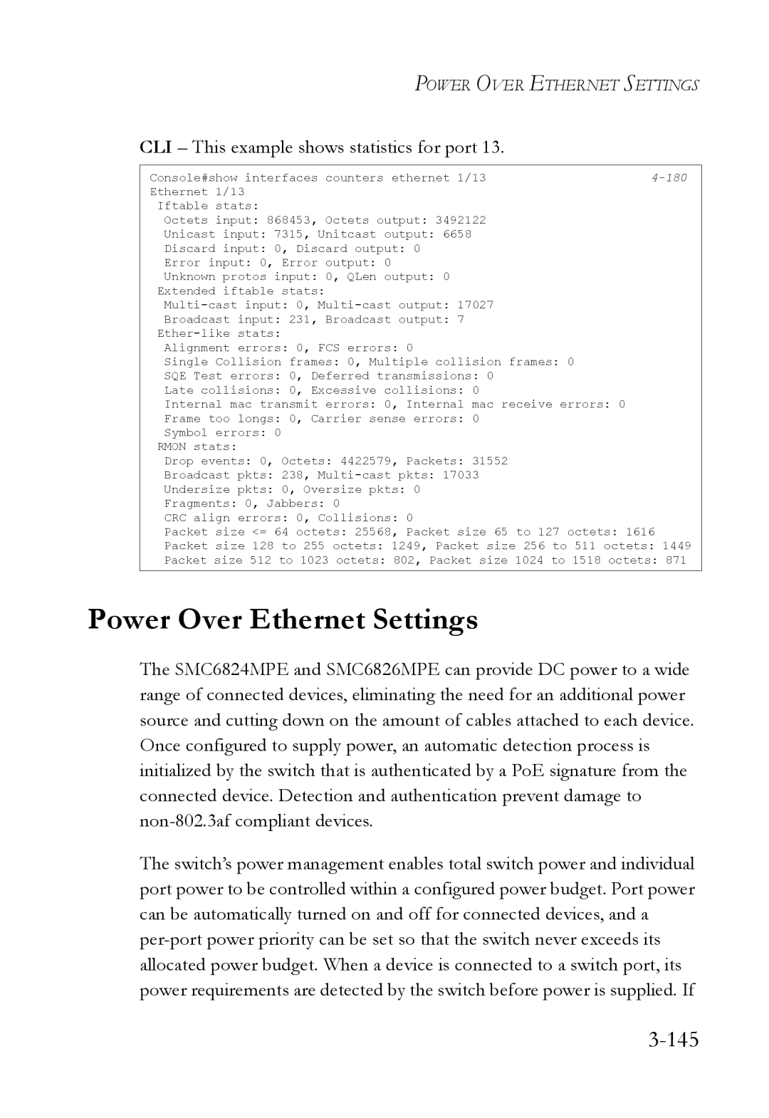 SMC Networks SMC6824M manual Power Over Ethernet Settings, 145, CLI This example shows statistics for port 