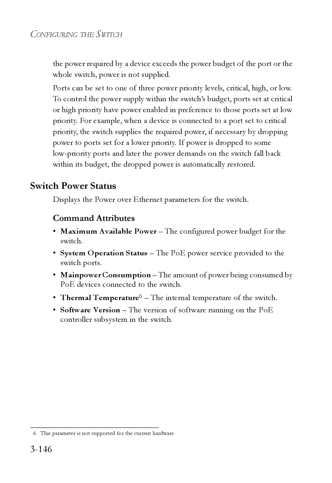 SMC Networks SMC6824M manual Switch Power Status, 146, Displays the Power over Ethernet parameters for the switch 