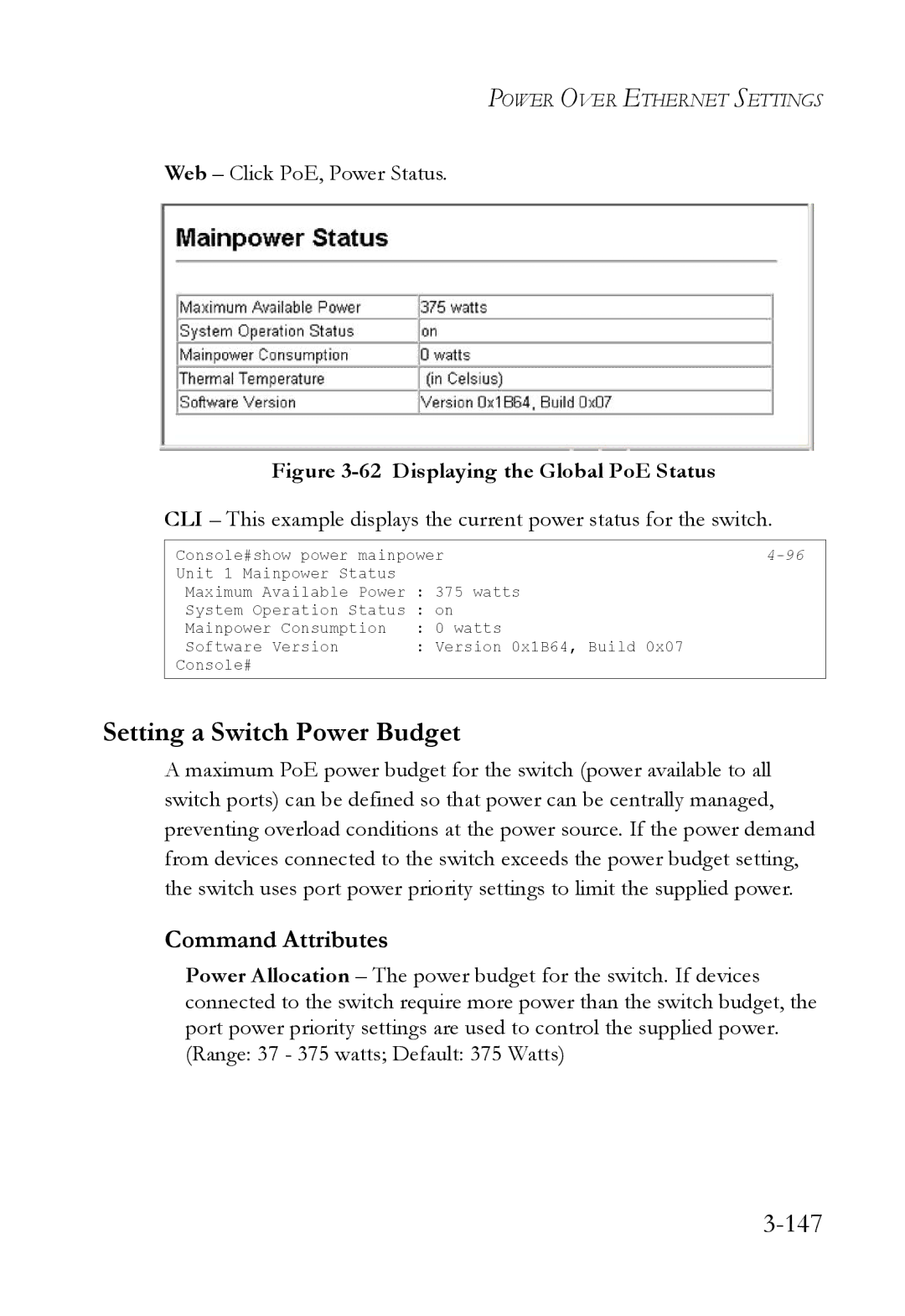 SMC Networks SMC6824M manual Setting a Switch Power Budget, 147, Web Click PoE, Power Status 