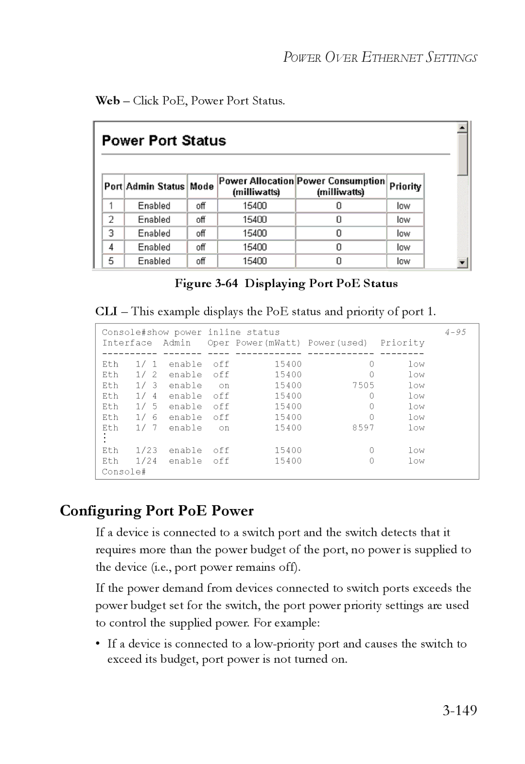 SMC Networks SMC6824M manual Configuring Port PoE Power, 149, Web Click PoE, Power Port Status 