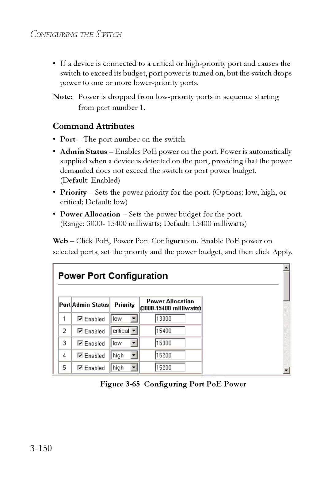 SMC Networks SMC6824M manual 150, Configuring Port PoE Power 