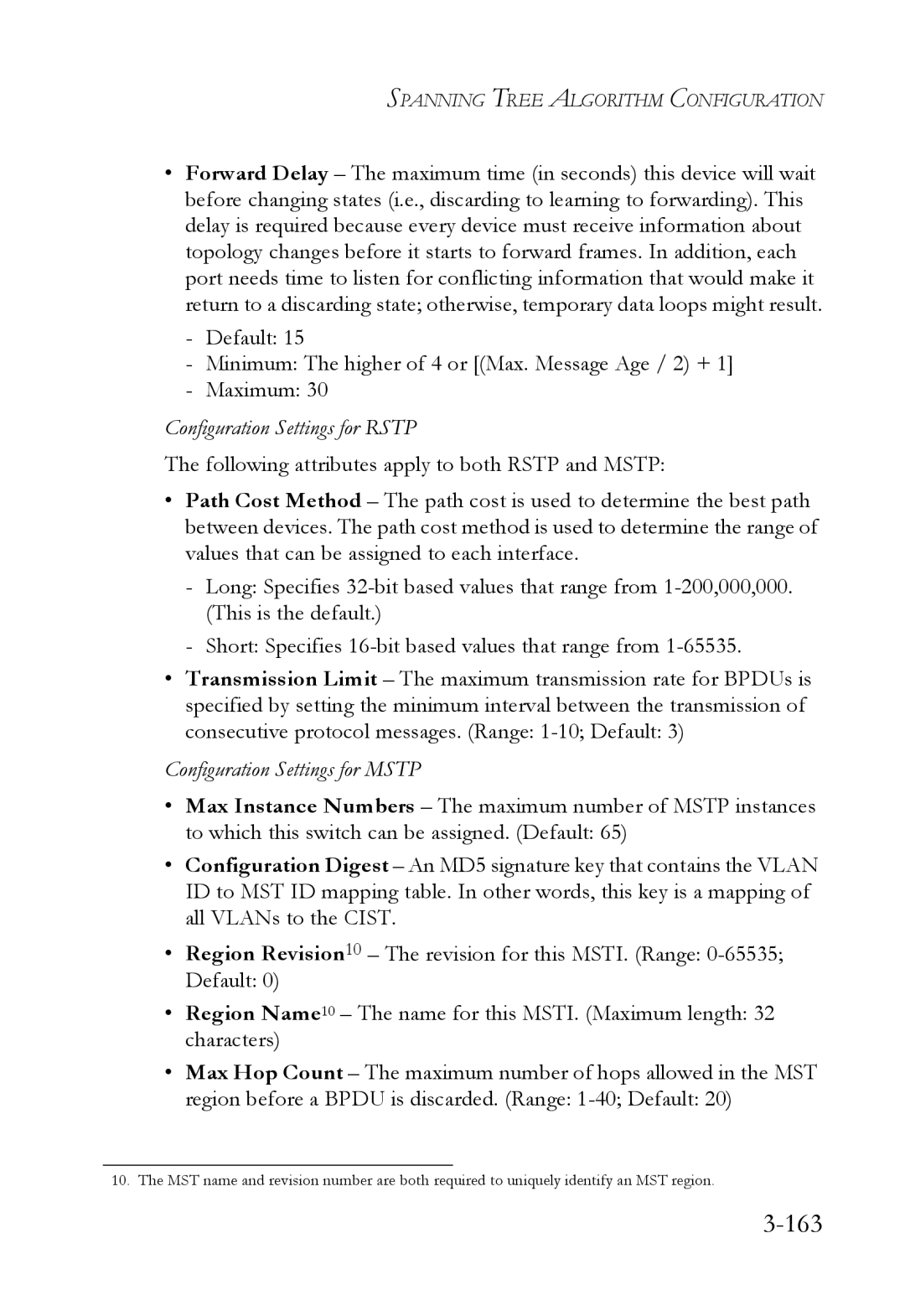 SMC Networks SMC6824M manual 163, Configuration Settings for Rstp 