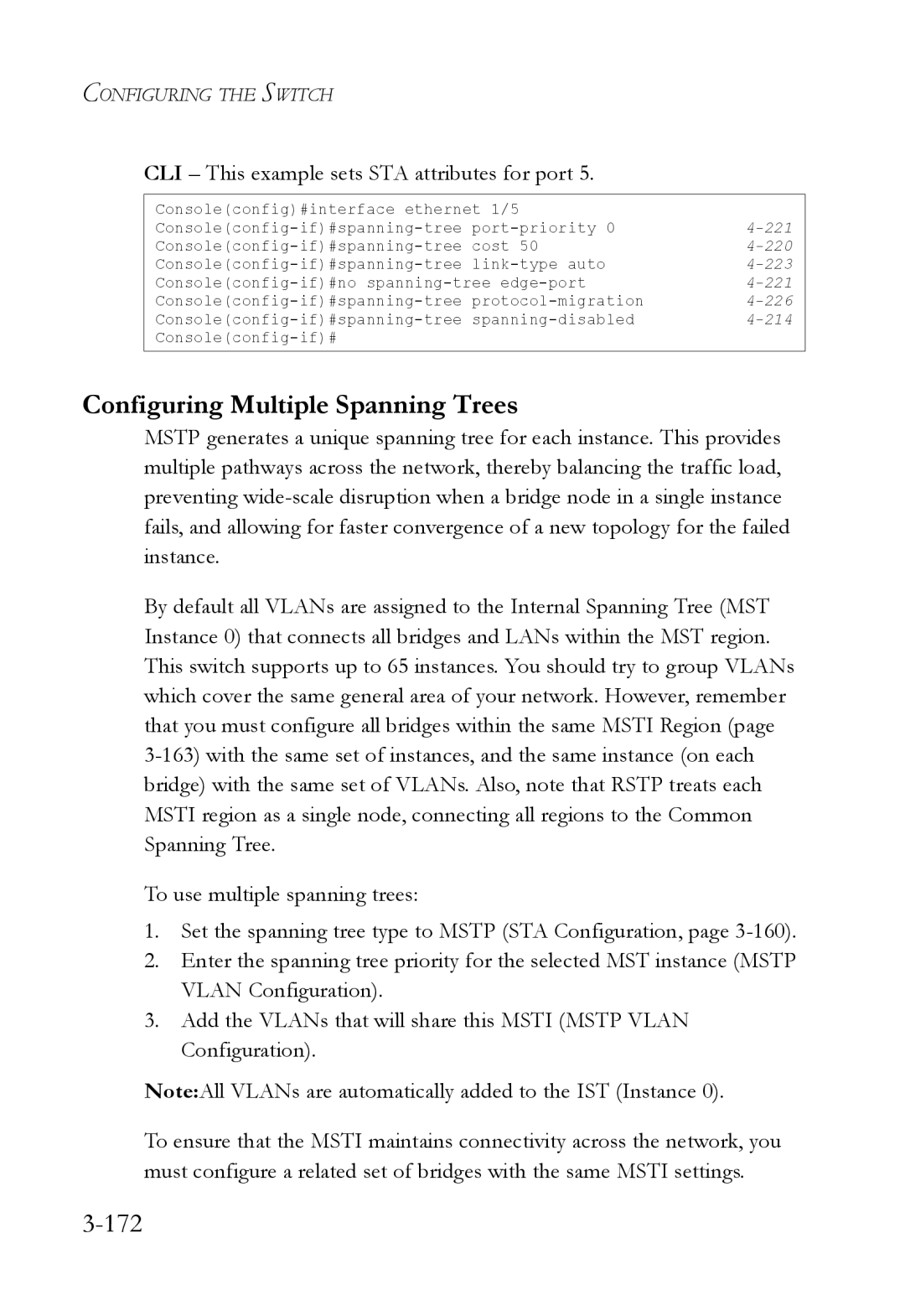 SMC Networks SMC6824M manual Configuring Multiple Spanning Trees, 172, CLI This example sets STA attributes for port 
