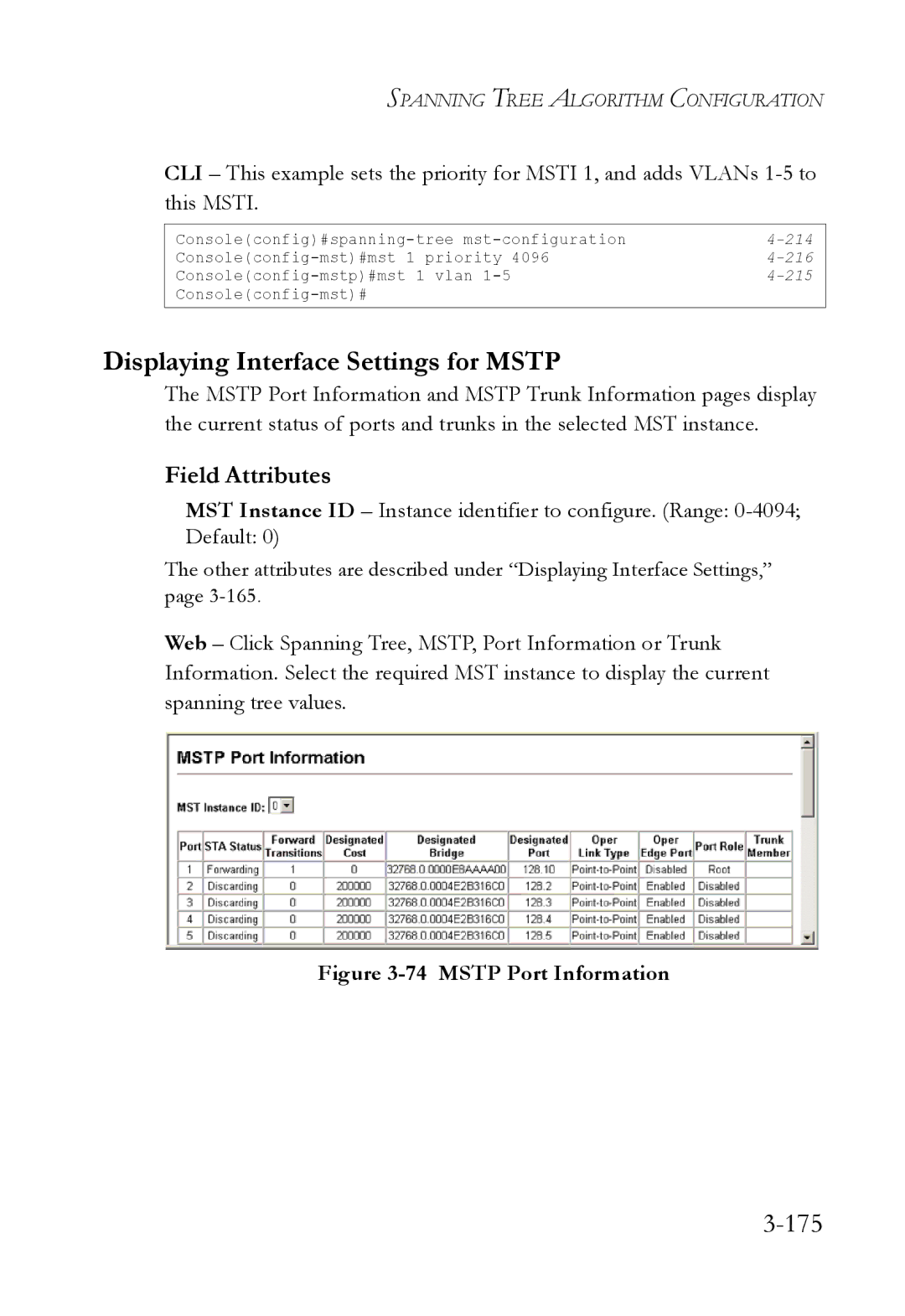 SMC Networks SMC6824M manual Displaying Interface Settings for Mstp, 175 