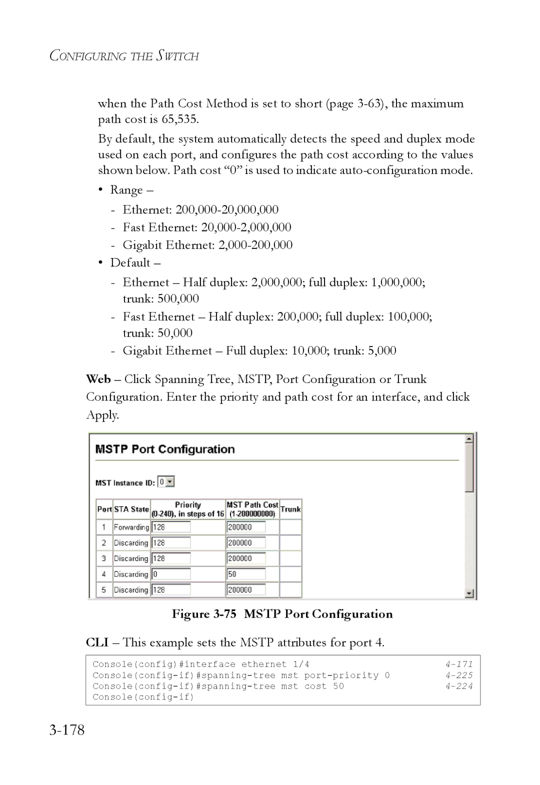 SMC Networks SMC6824M manual 178, CLI This example sets the Mstp attributes for port 