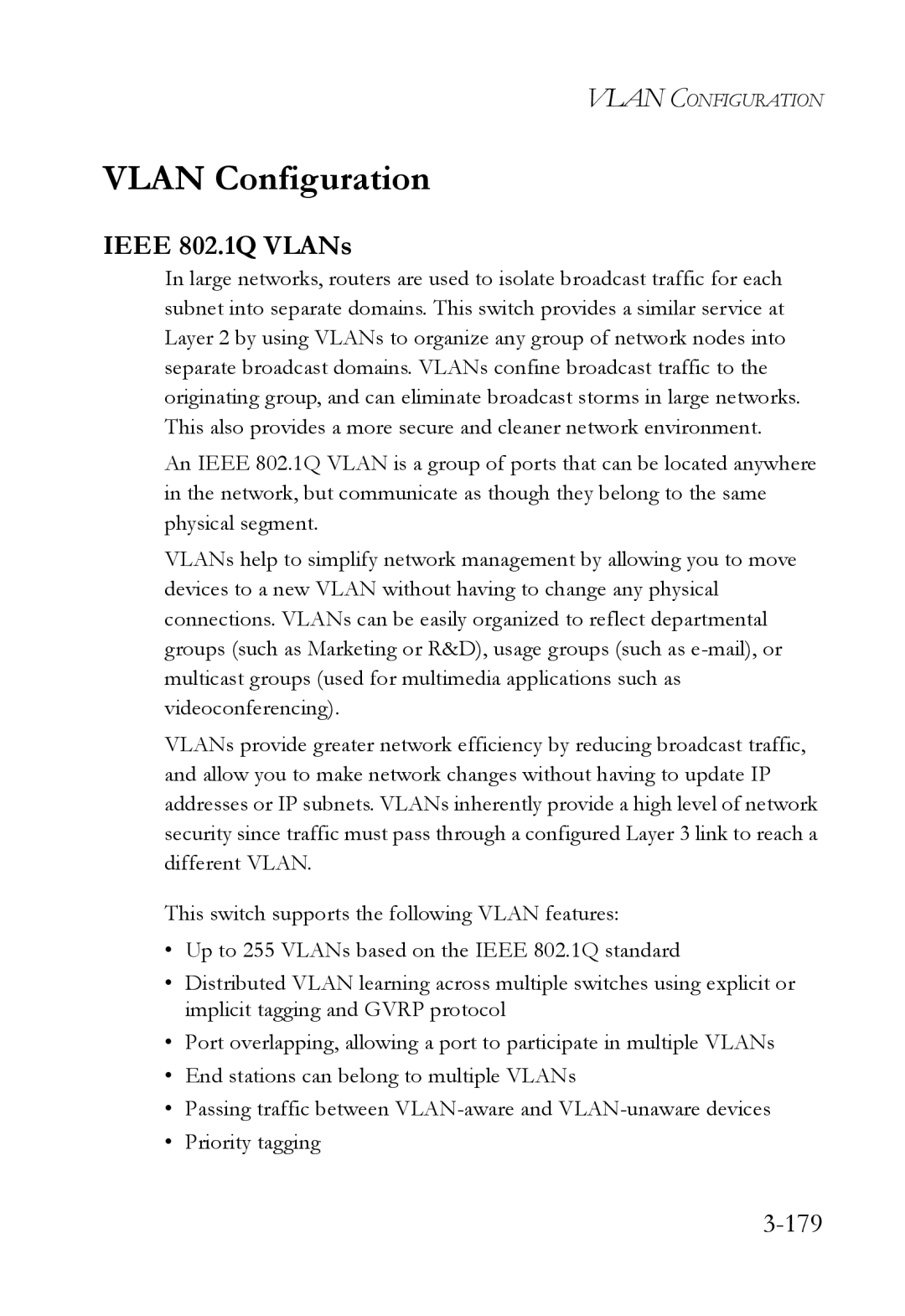 SMC Networks SMC6824M manual Vlan Configuration, Ieee 802.1Q VLANs, 179 