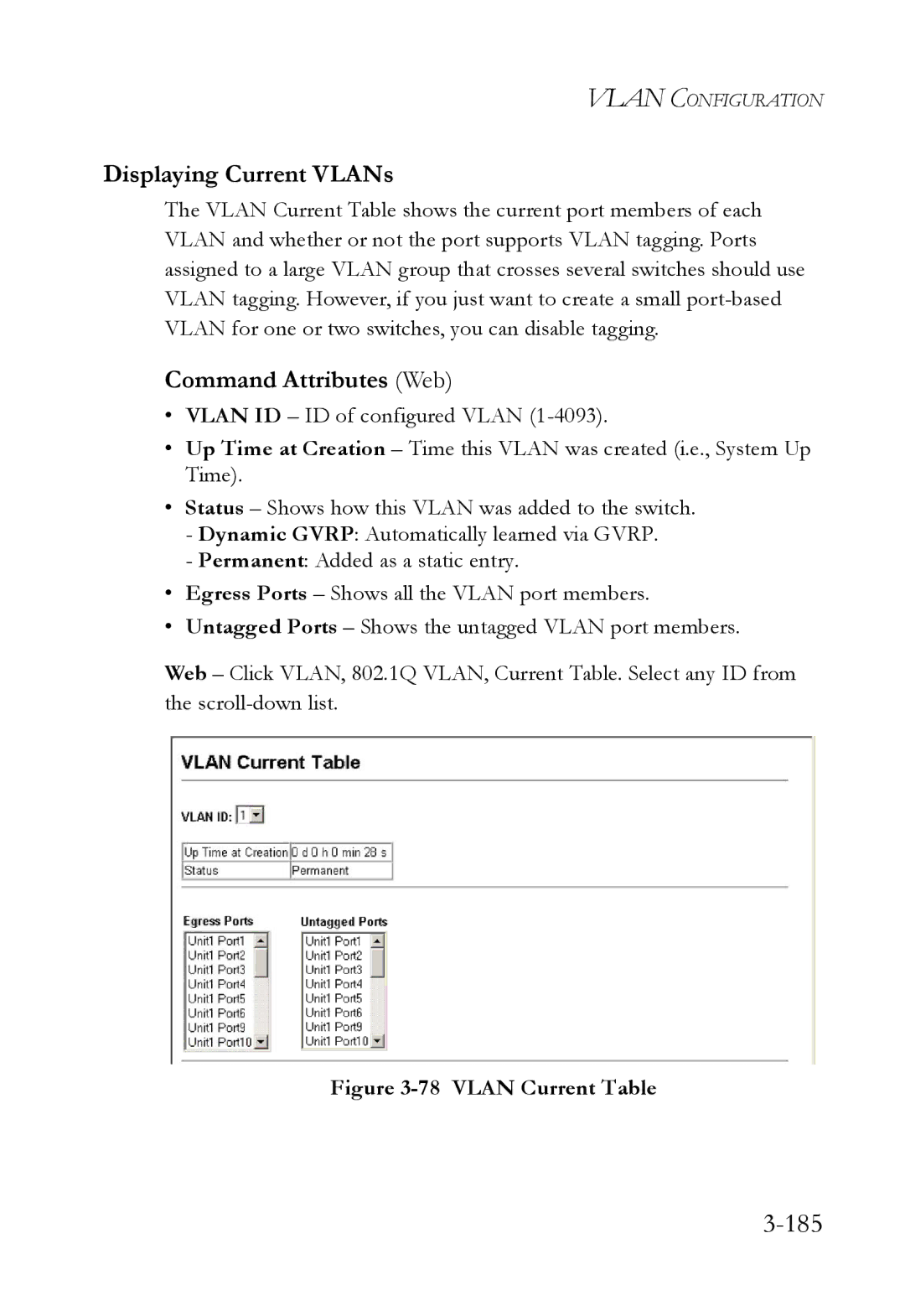 SMC Networks SMC6824M manual 185, Displaying Current VLANs 