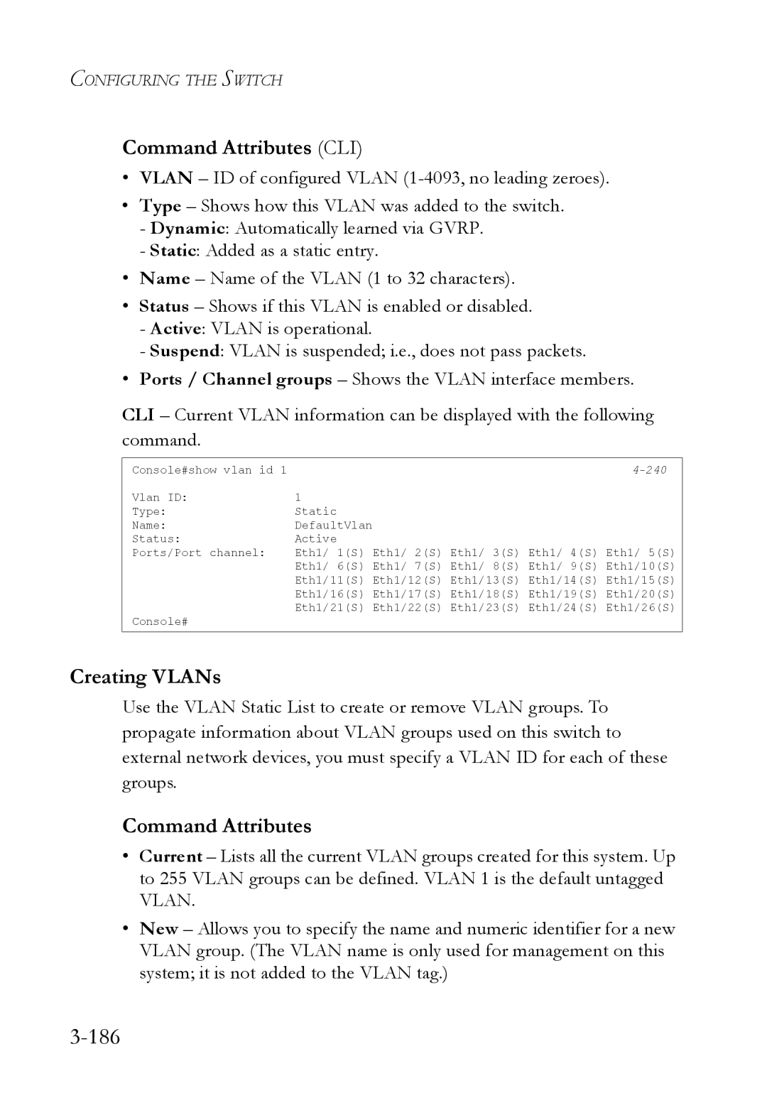 SMC Networks SMC6824M manual 186, Command Attributes CLI, Creating VLANs 