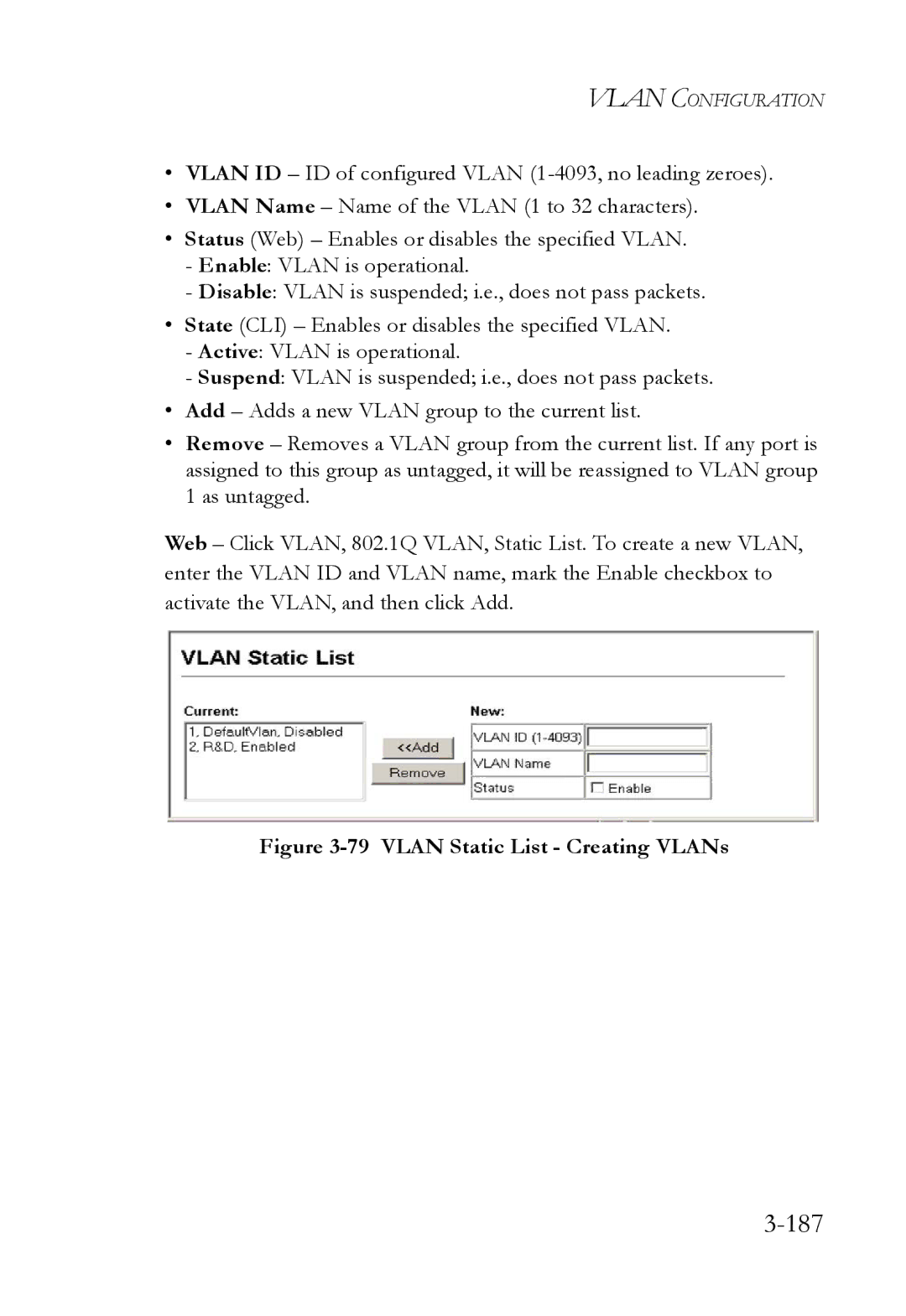 SMC Networks SMC6824M manual 187, Vlan Static List Creating VLANs 