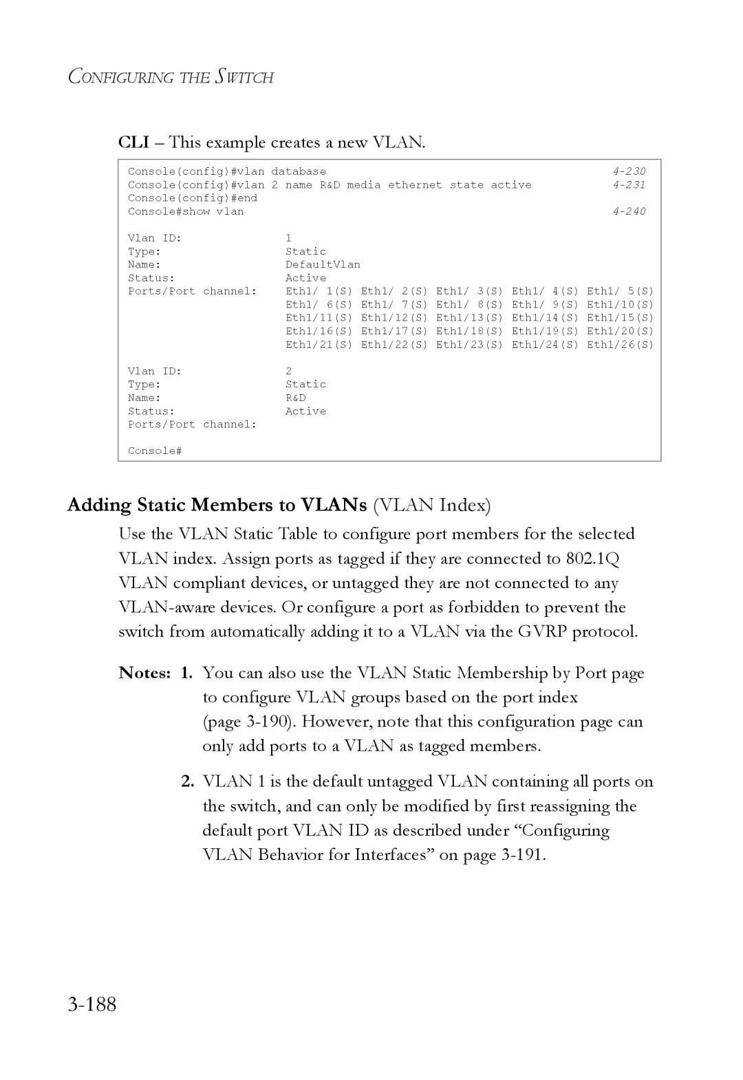 SMC Networks SMC6824M manual 188, Adding Static Members to VLANs Vlan Index, CLI This example creates a new Vlan 