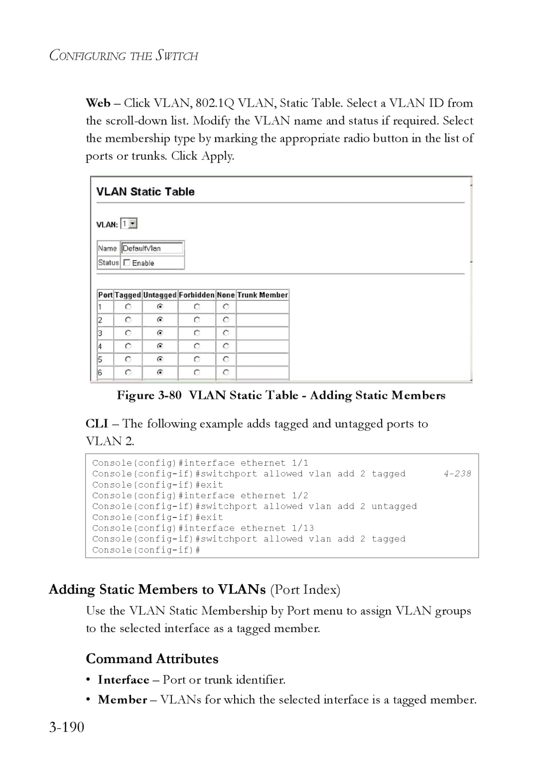 SMC Networks SMC6824M manual 190, Adding Static Members to VLANs Port Index 