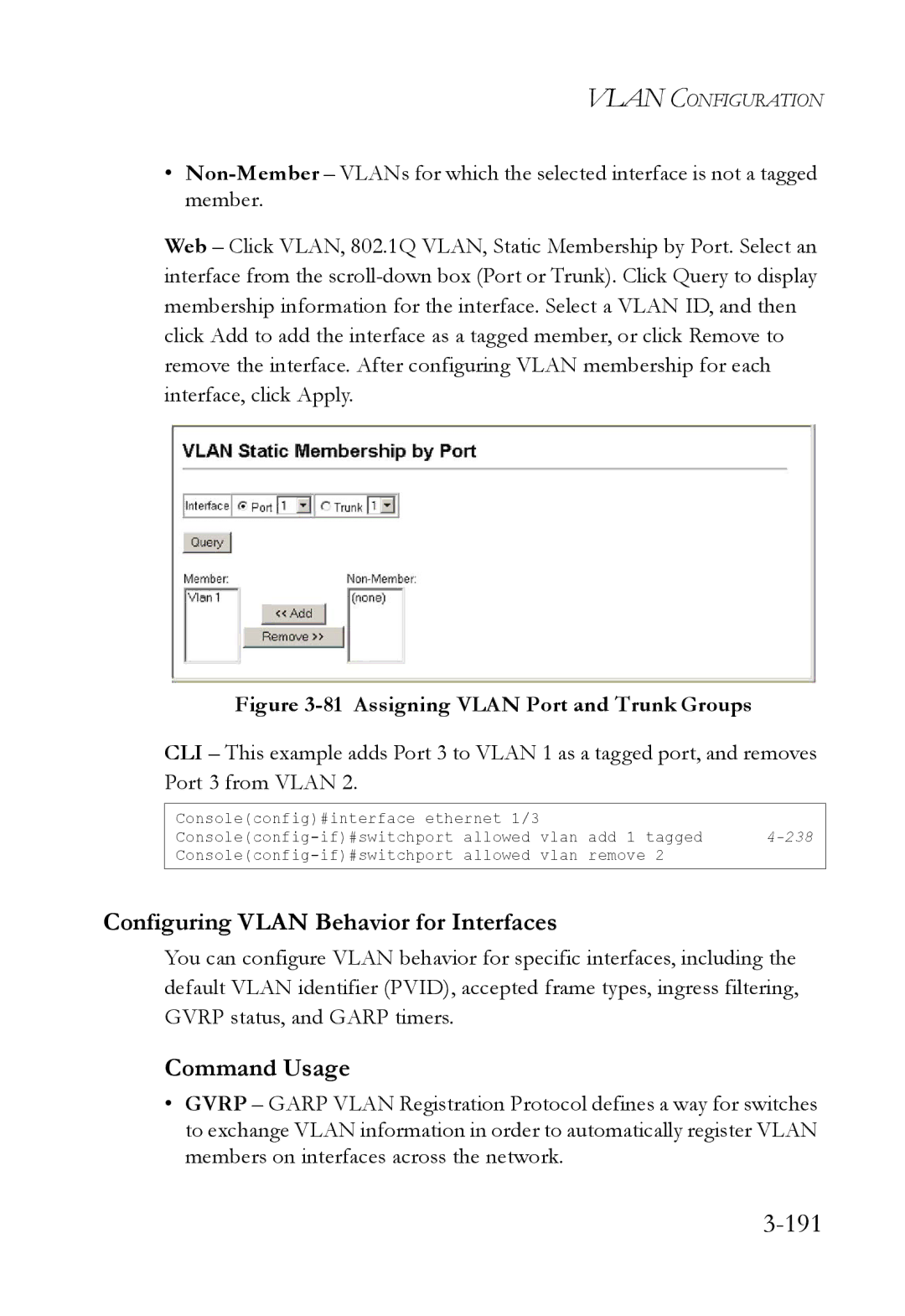 SMC Networks SMC6824M manual 191, Configuring Vlan Behavior for Interfaces 