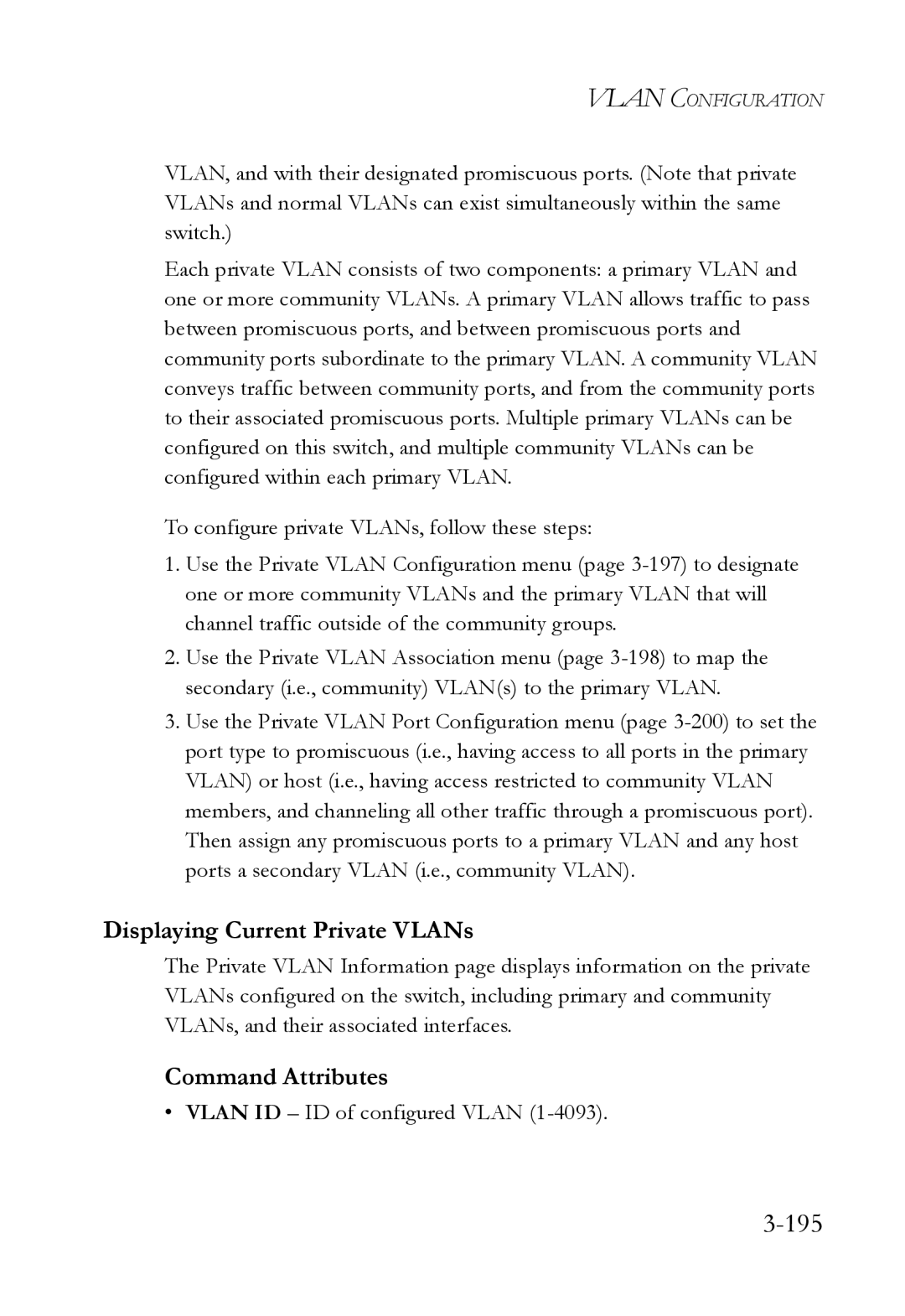 SMC Networks SMC6824M manual 195, Displaying Current Private VLANs, Vlan ID ID of configured Vlan 