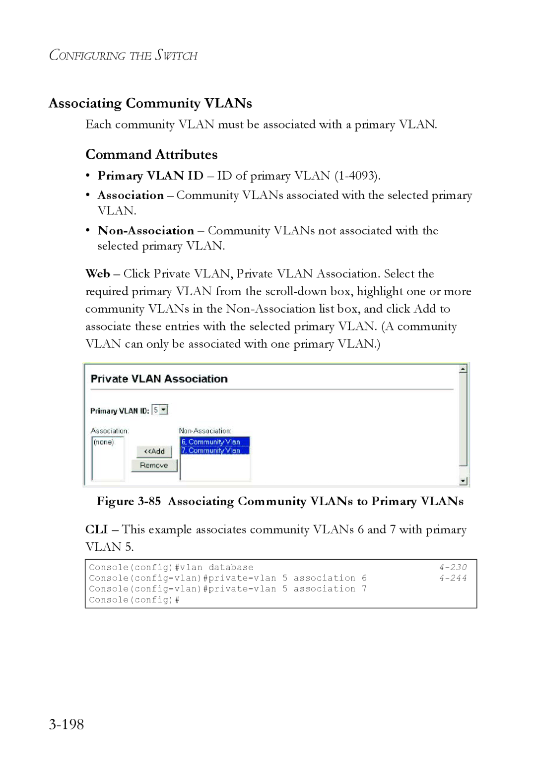 SMC Networks SMC6824M manual 198, Associating Community VLANs, Each community Vlan must be associated with a primary Vlan 