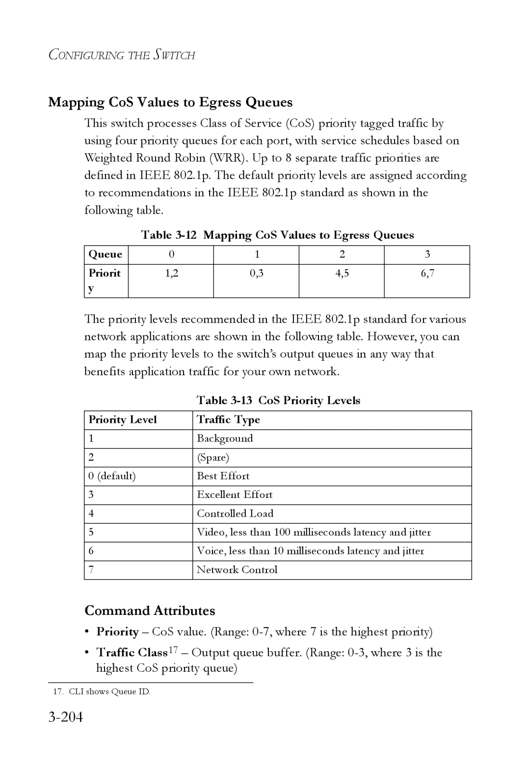 SMC Networks SMC6824M manual 204, Mapping CoS Values to Egress Queues, CoS Priority Levels 