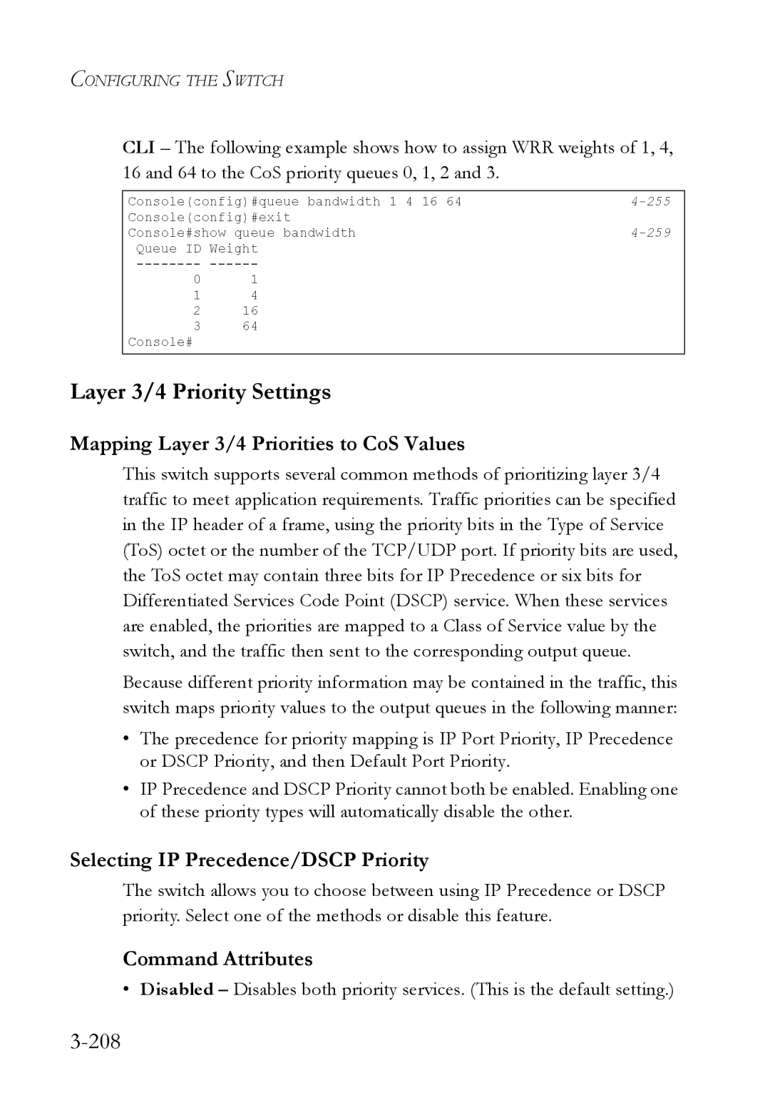 SMC Networks SMC6824M manual Layer 3/4 Priority Settings, 208, Mapping Layer 3/4 Priorities to CoS Values 