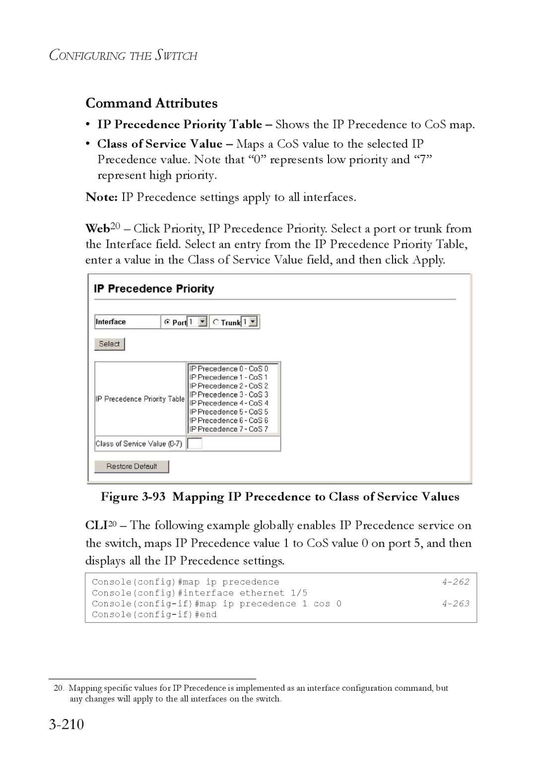 SMC Networks SMC6824M manual 210, Mapping IP Precedence to Class of Service Values 