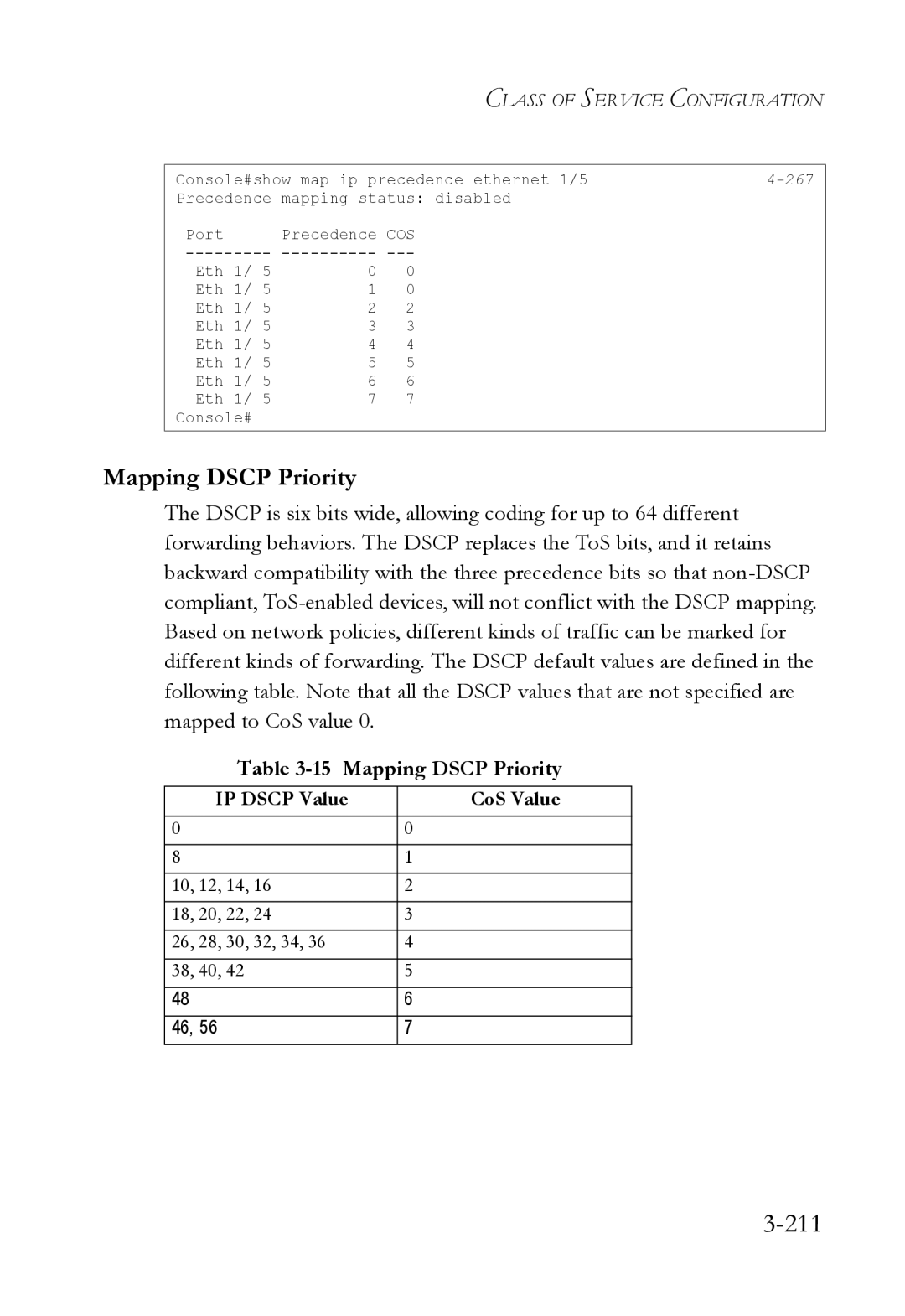 SMC Networks SMC6824M manual 211, Mapping Dscp Priority, IP Dscp Value CoS Value 