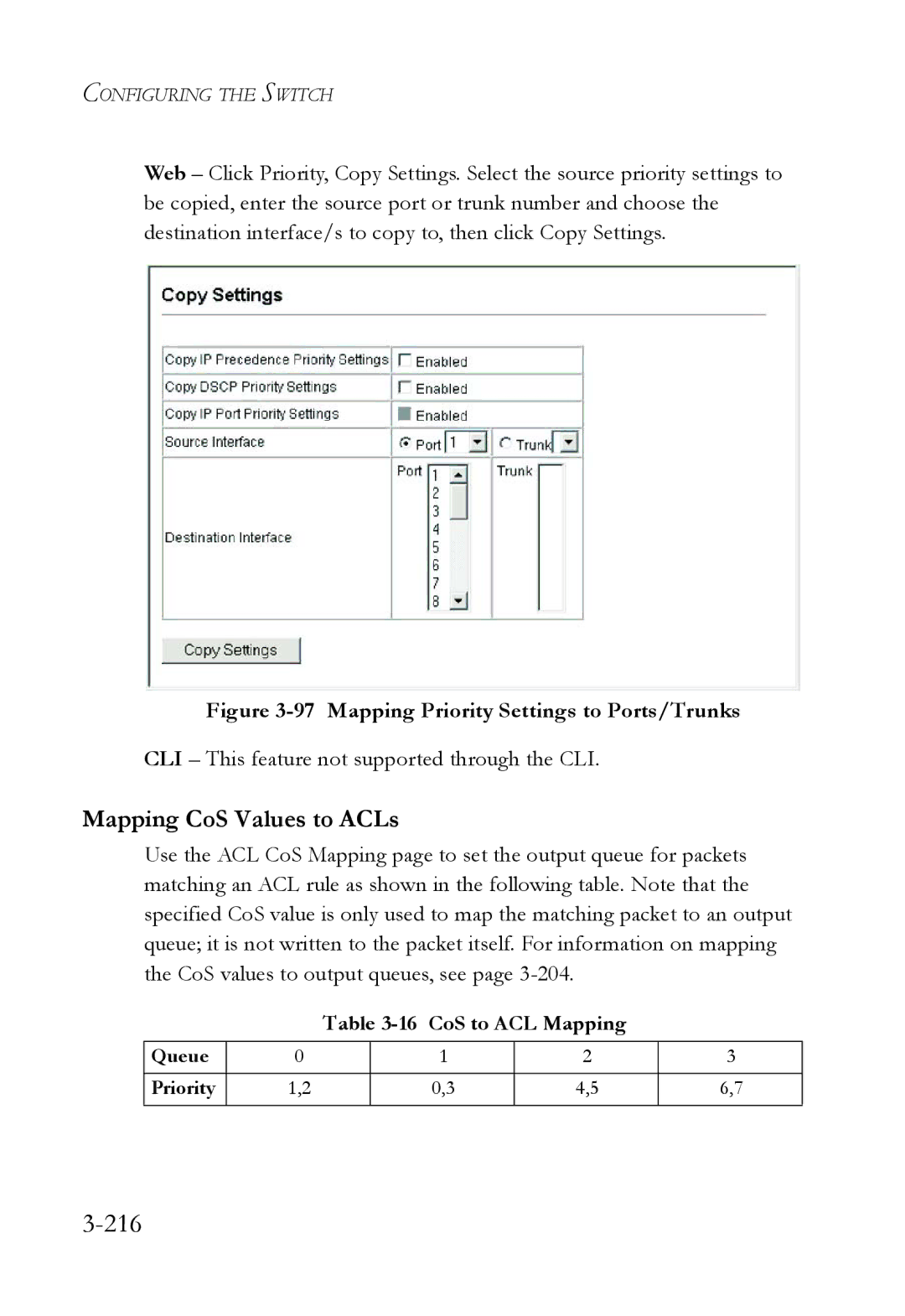 SMC Networks SMC6824M 216, Mapping CoS Values to ACLs, CLI This feature not supported through the CLI, CoS to ACL Mapping 