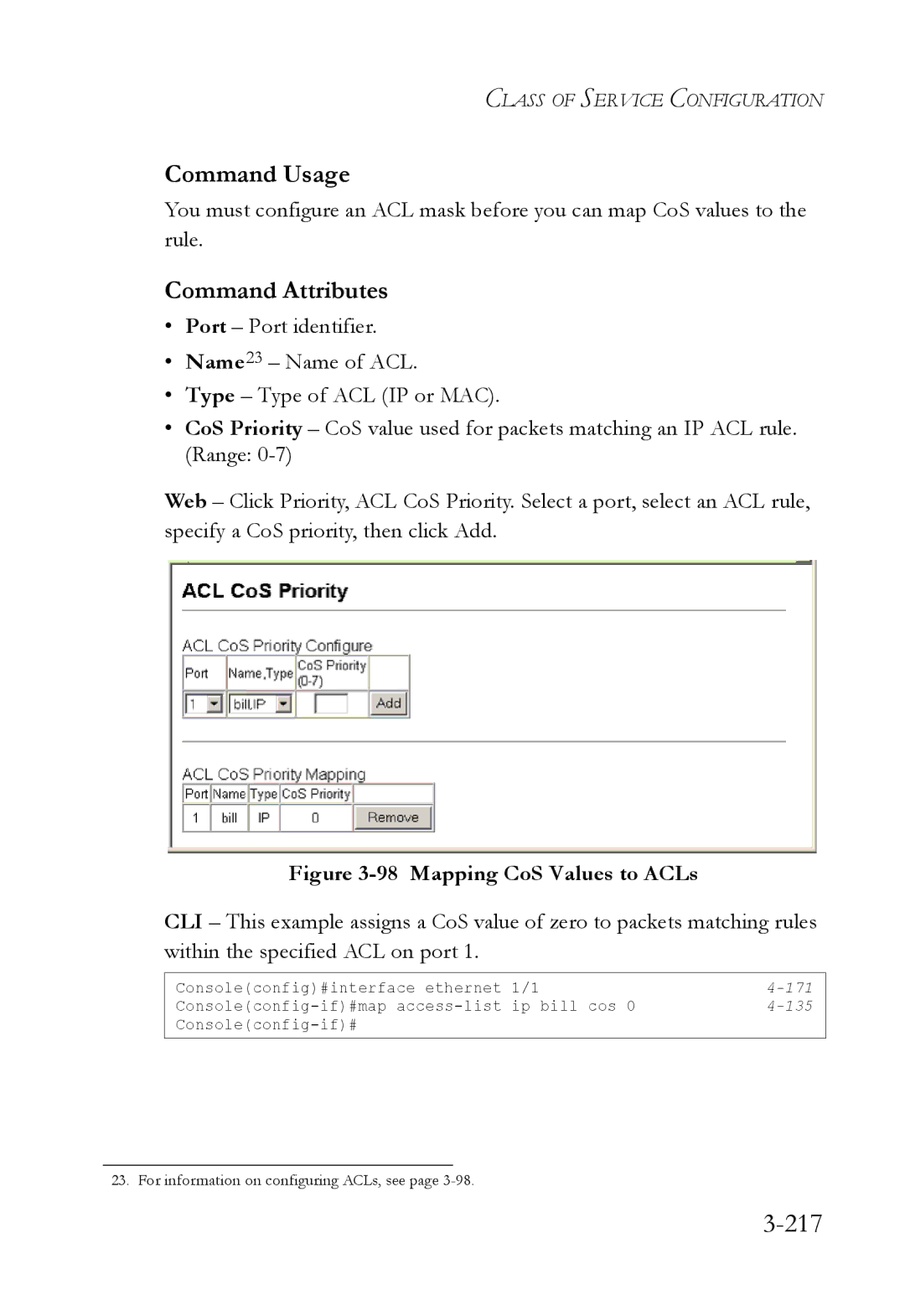 SMC Networks SMC6824M manual 217, Mapping CoS Values to ACLs 