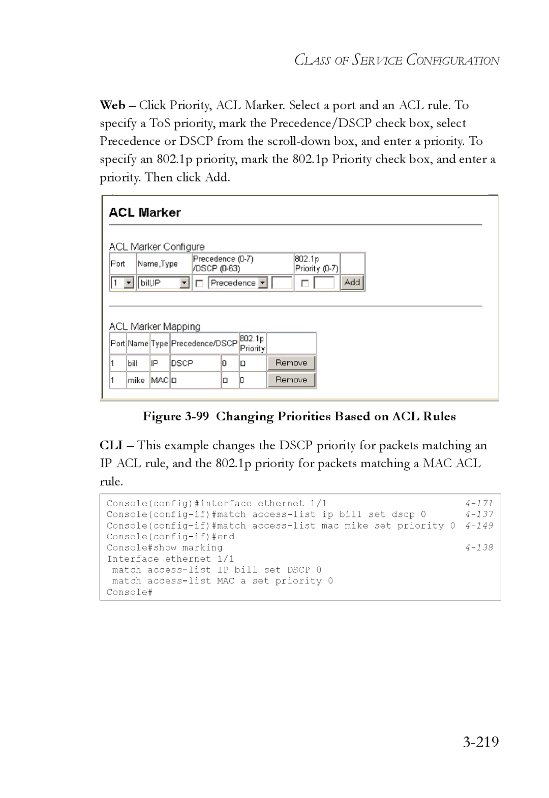 SMC Networks SMC6824M manual 219, Changing Priorities Based on ACL Rules 