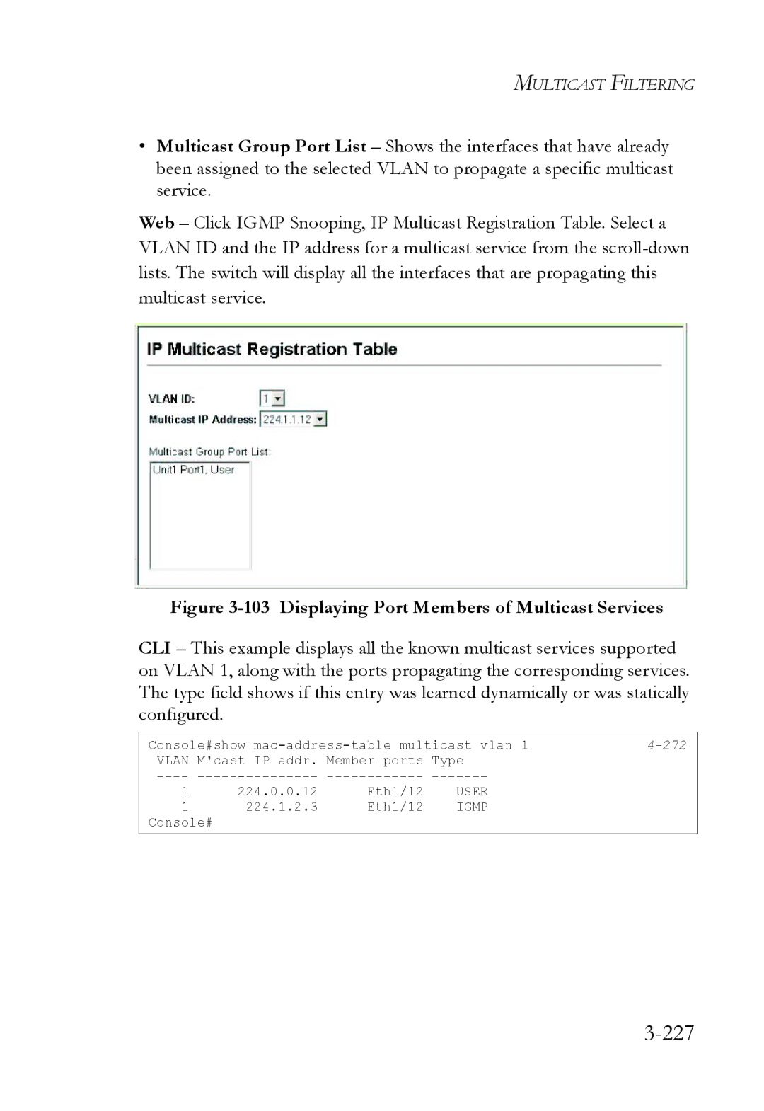 SMC Networks SMC6824M manual 227, Displaying Port Members of Multicast Services 