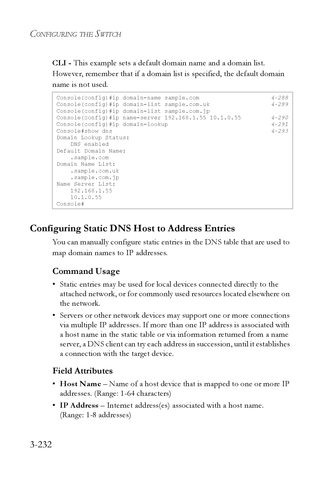 SMC Networks SMC6824M manual Configuring Static DNS Host to Address Entries, 232 