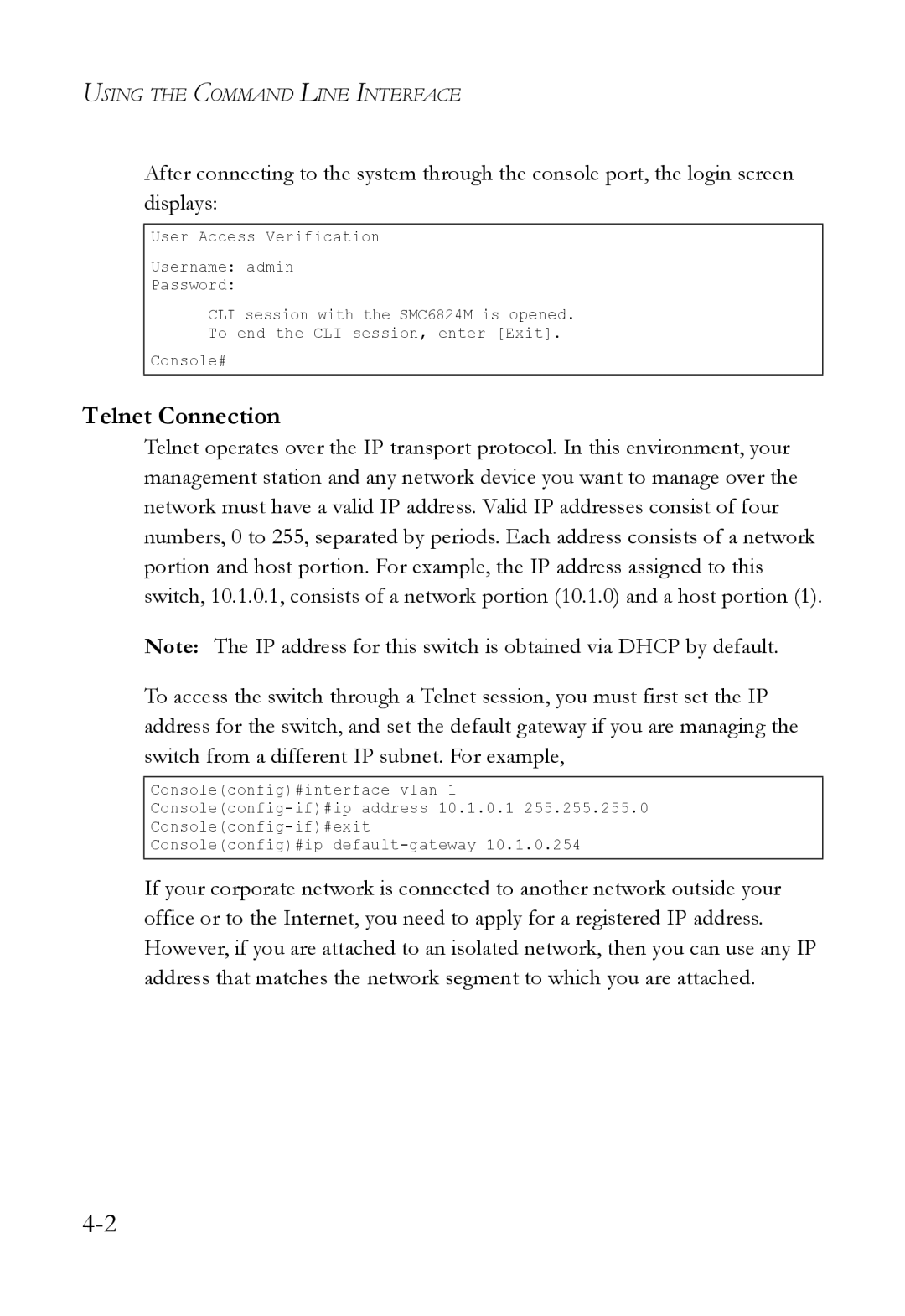 SMC Networks SMC6824M manual Telnet Connection 