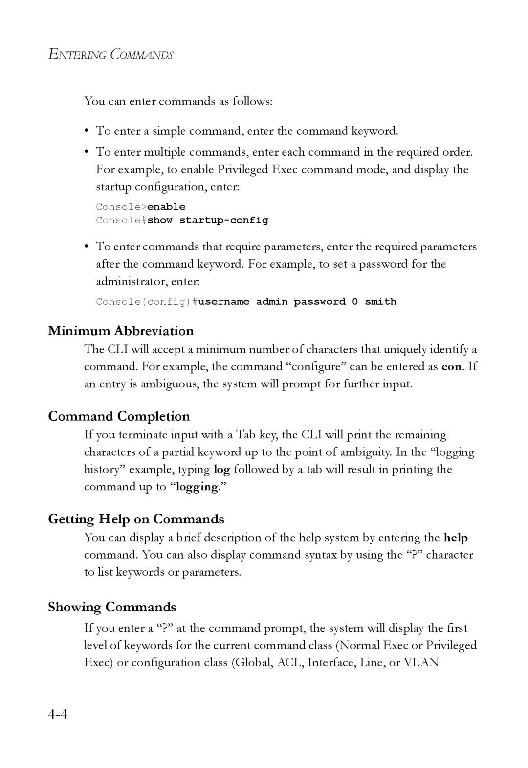 SMC Networks SMC6824M manual Minimum Abbreviation, Command Completion, Getting Help on Commands, Showing Commands 